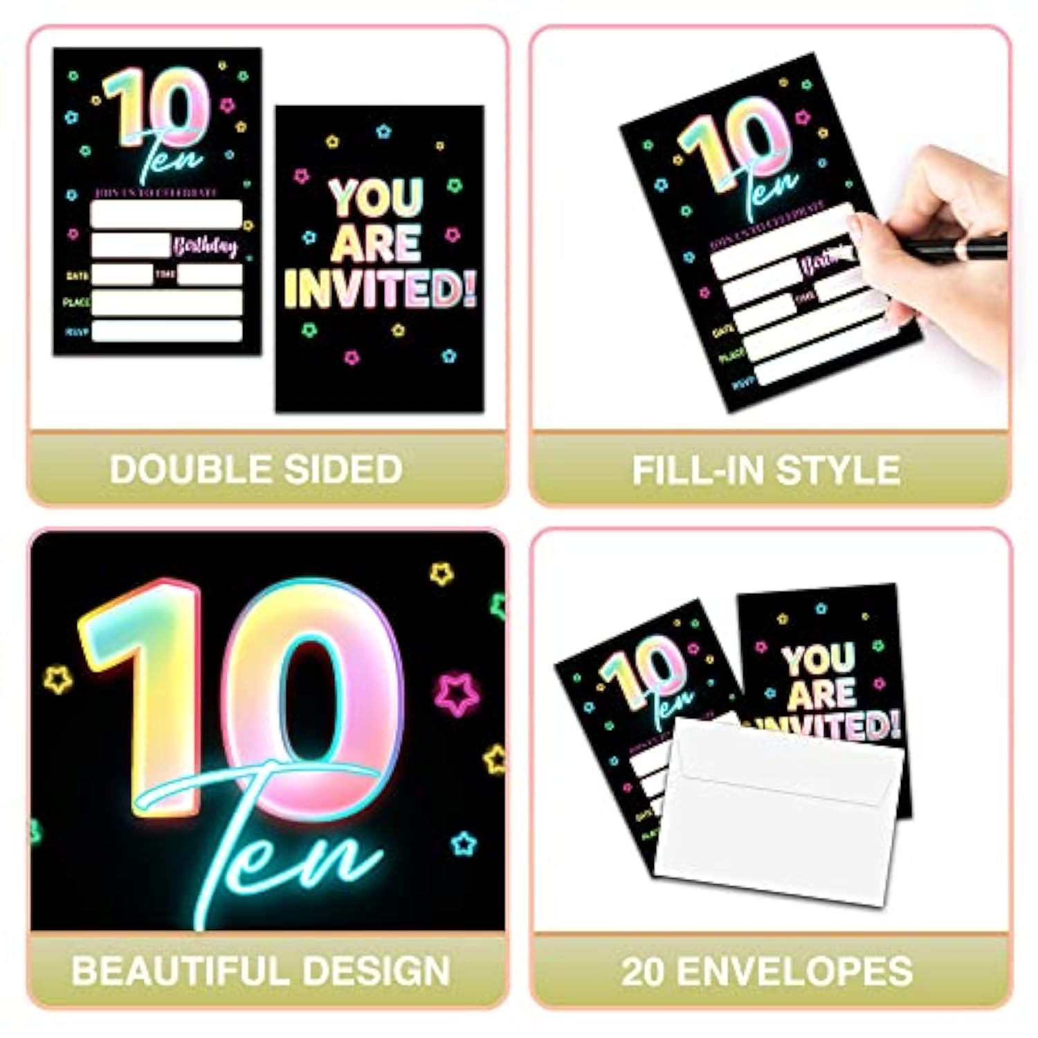 10Th Birthday Invitations With Envelopes - Glow Party Invitation Card For Girls/Boys - 5"X7" Fill-In Invites Cards - Neon Rainbow Party Supplies Decorations (20 Pack)-17