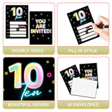 10Th Birthday Invitations With Envelopes - Glow Party Invitation Card For Girls/Boys - 5"X7" Fill-In Invites Cards - Neon Rainbow Party Supplies Decorations (20 Pack)-17
