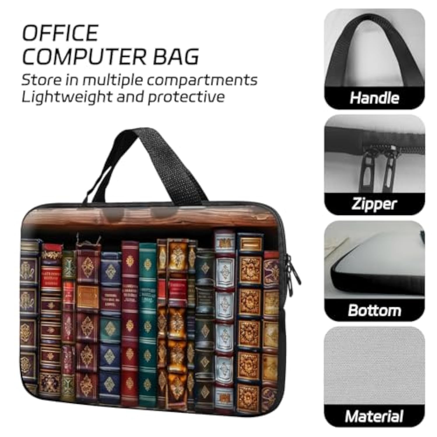 14 15 15.4 15.6 Inch Laptop Handle Bag Computer Bag, Pouch Holder Notebook Sleeve Cover Soft Case Compatible For Dell,Lenovo,Toshiba Hp, Asus Notebook-Vintage Bookshelf