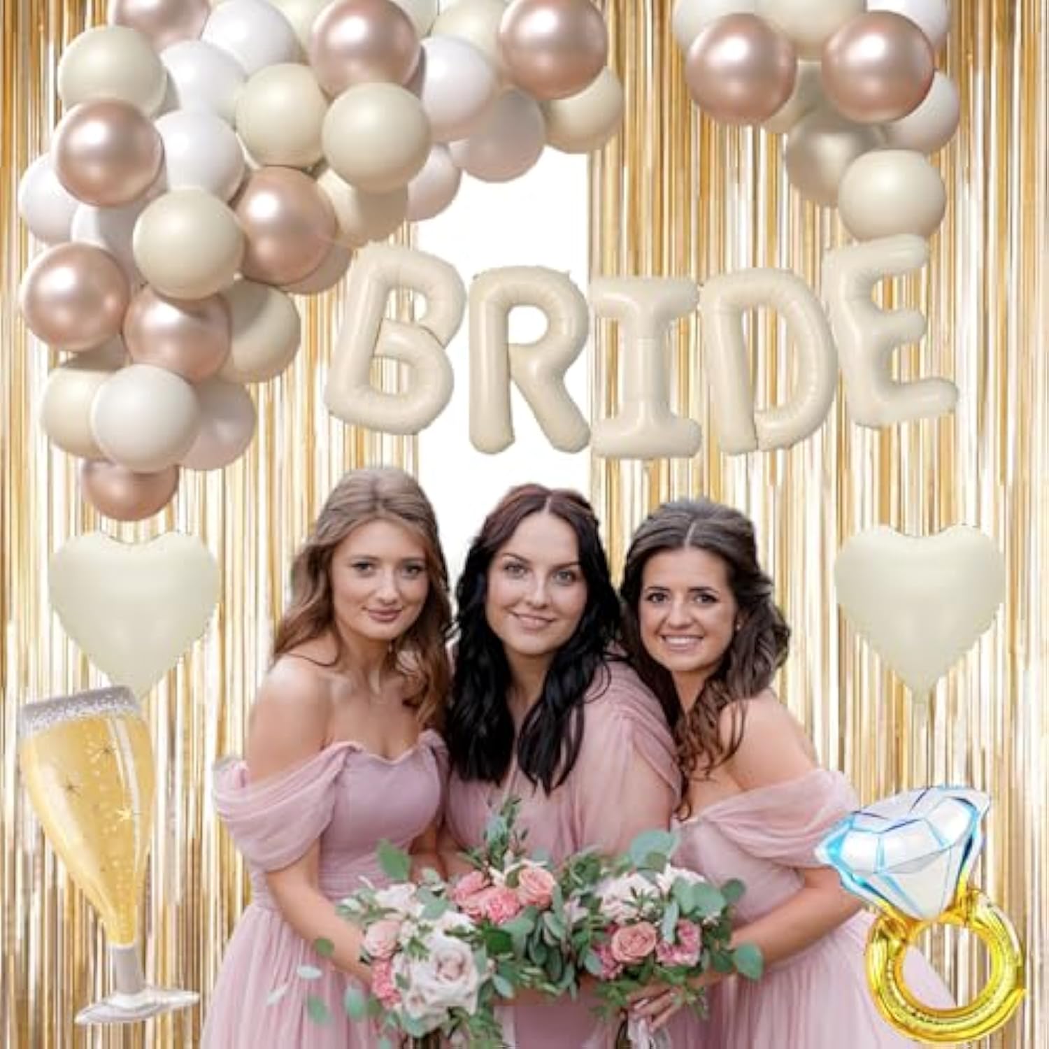 62pcs Beige Bridal Shower Kit with Balloons, Veil, Curtains & Wedding Decor