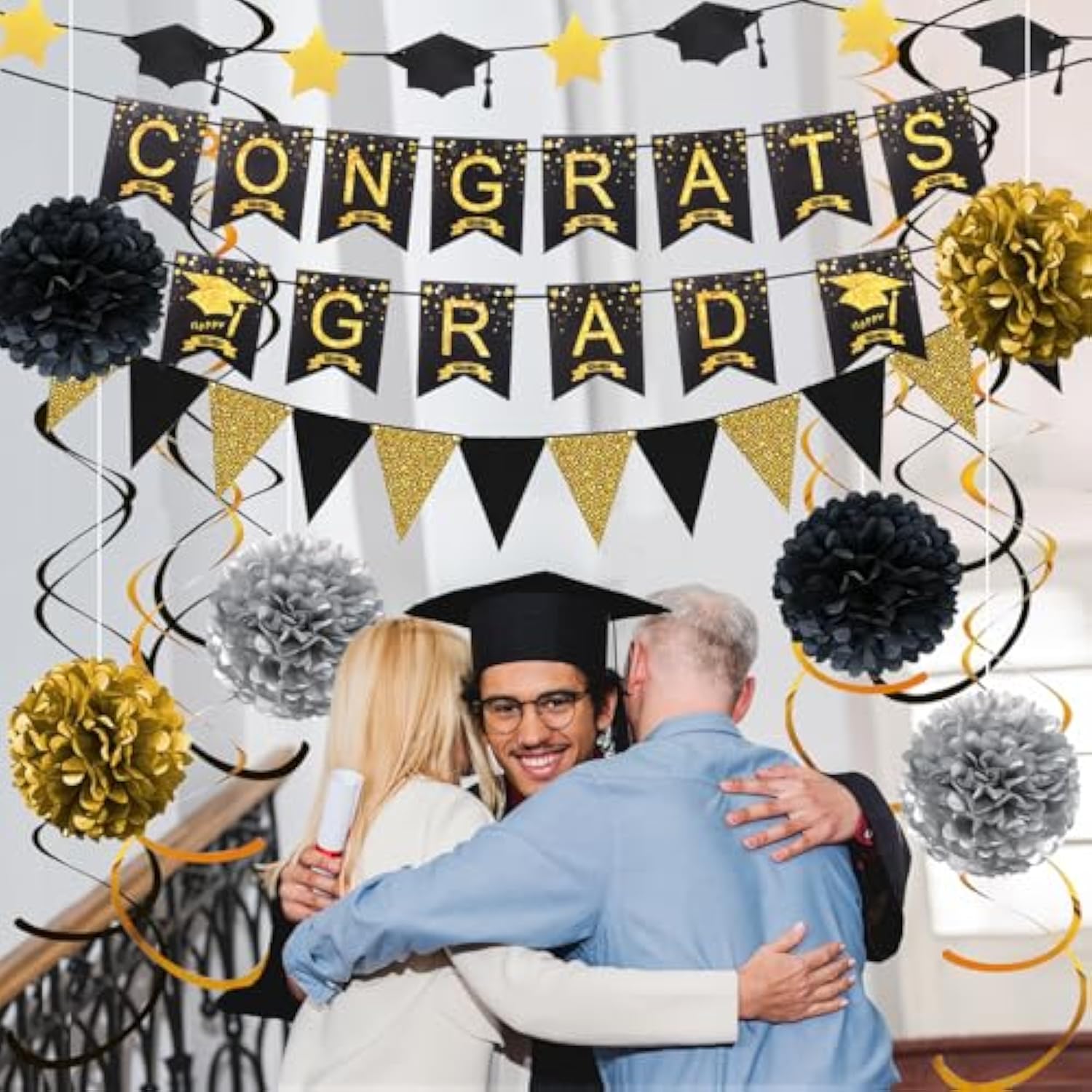 Graduation Decorations For 2025, Congrats Grad Banner And Star Cap Garland, Pennant Banner, Black And Gold Tissue Paper Pompoms, Hanging Swirls, For Graduation Party Decorations