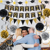 Graduation Decorations For 2025, Congrats Grad Banner And Star Cap Garland, Pennant Banner, Black And Gold Tissue Paper Pompoms, Hanging Swirls, For Graduation Party Decorations
