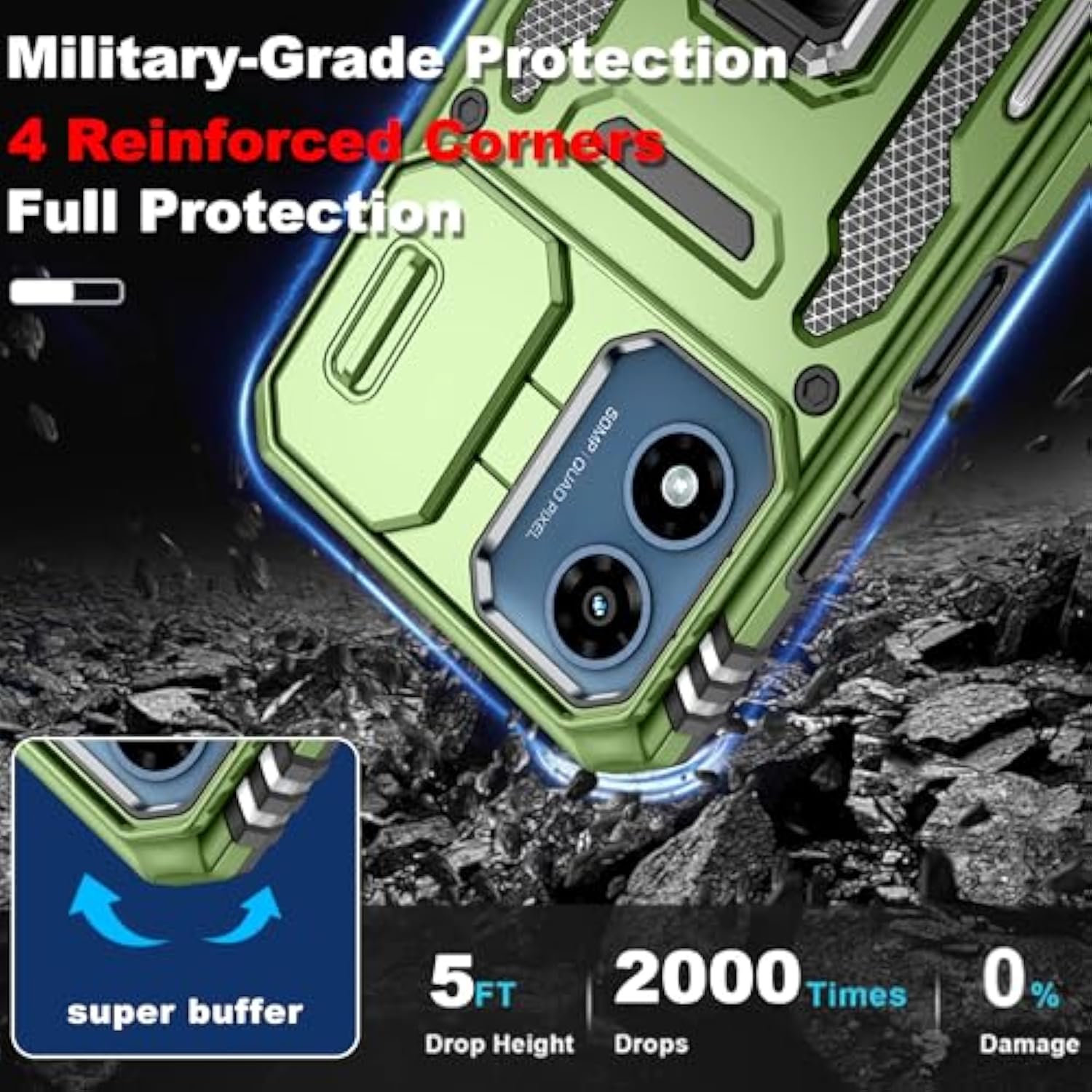 For Moto G 5G 2024 Case With [2Pcs] Hd Screen Protector, [Military Grade Shockproof] & Slide Camera Cover, 360° Rotated Ring Kickstand Protective Case For Moto G 5G 2024,Olive Green