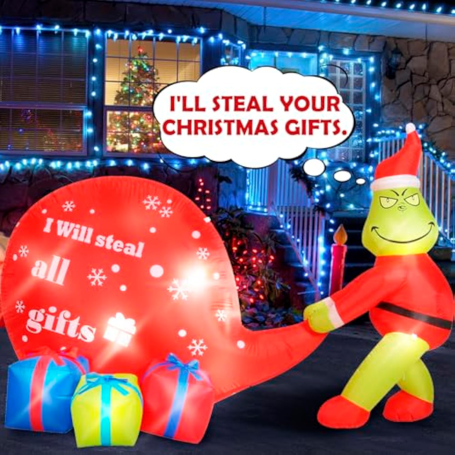 Christmas Green Big Monster Inflatable Decorations, 5.5Ft Lighted Up Christmas Outdoor Inflatable Decor Build-In 8 Led,