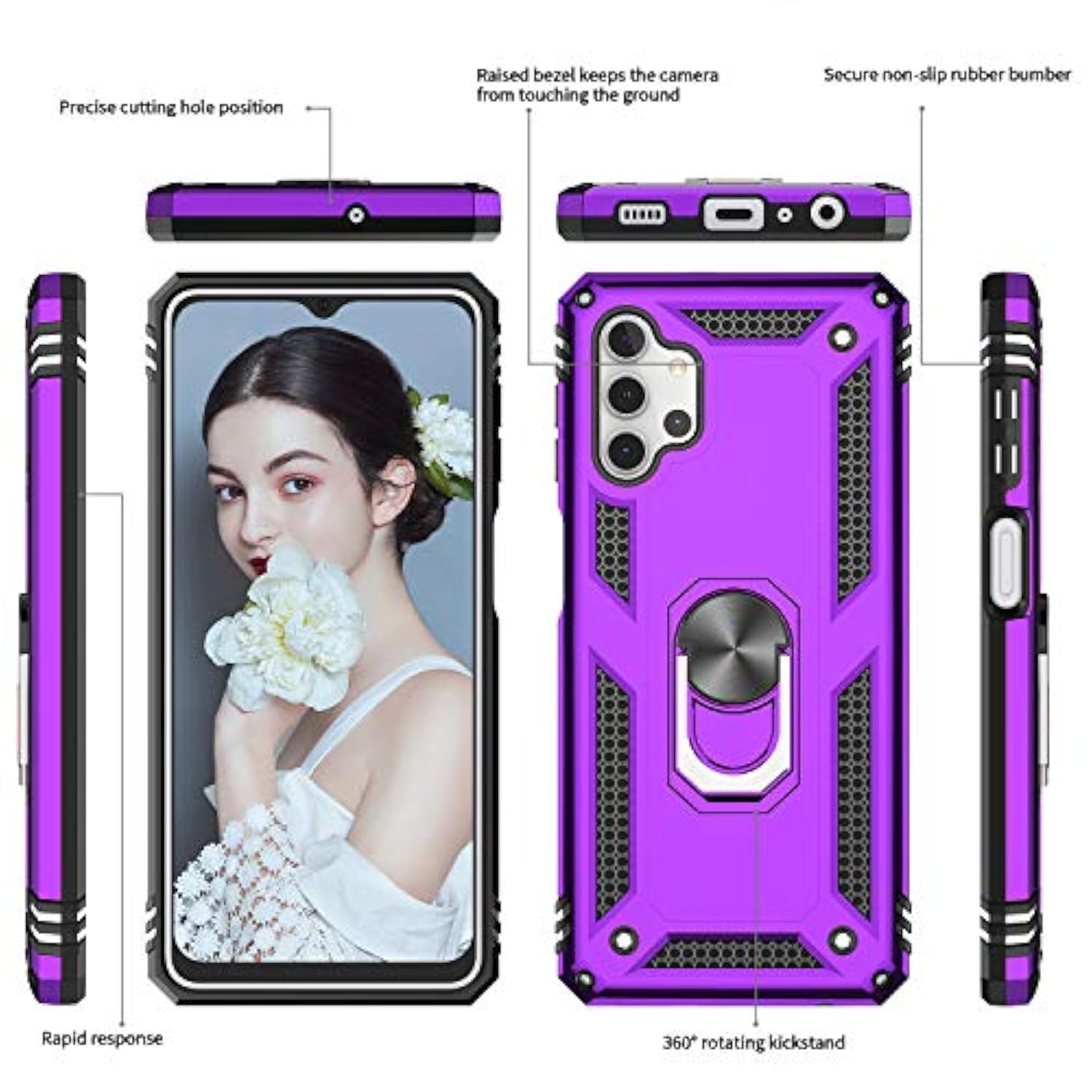 Phone Case For Samsung Galaxy A32 5G, Samsung A32 Case With [2 Pack] Tempered Glass Screen Protectors, [-Grade] Ring Holder Kickstand Case For Samsung A32 5G (Not Fit 4G), Purple