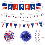 37Pcs 4th of July Decorations Patriotic Decorations USA Banner Red White Blue Paper Fans Star Streamer Pennant Hanging Swirl Fourth of July Independence Veterans Labor Presidents Flag Memorial Day