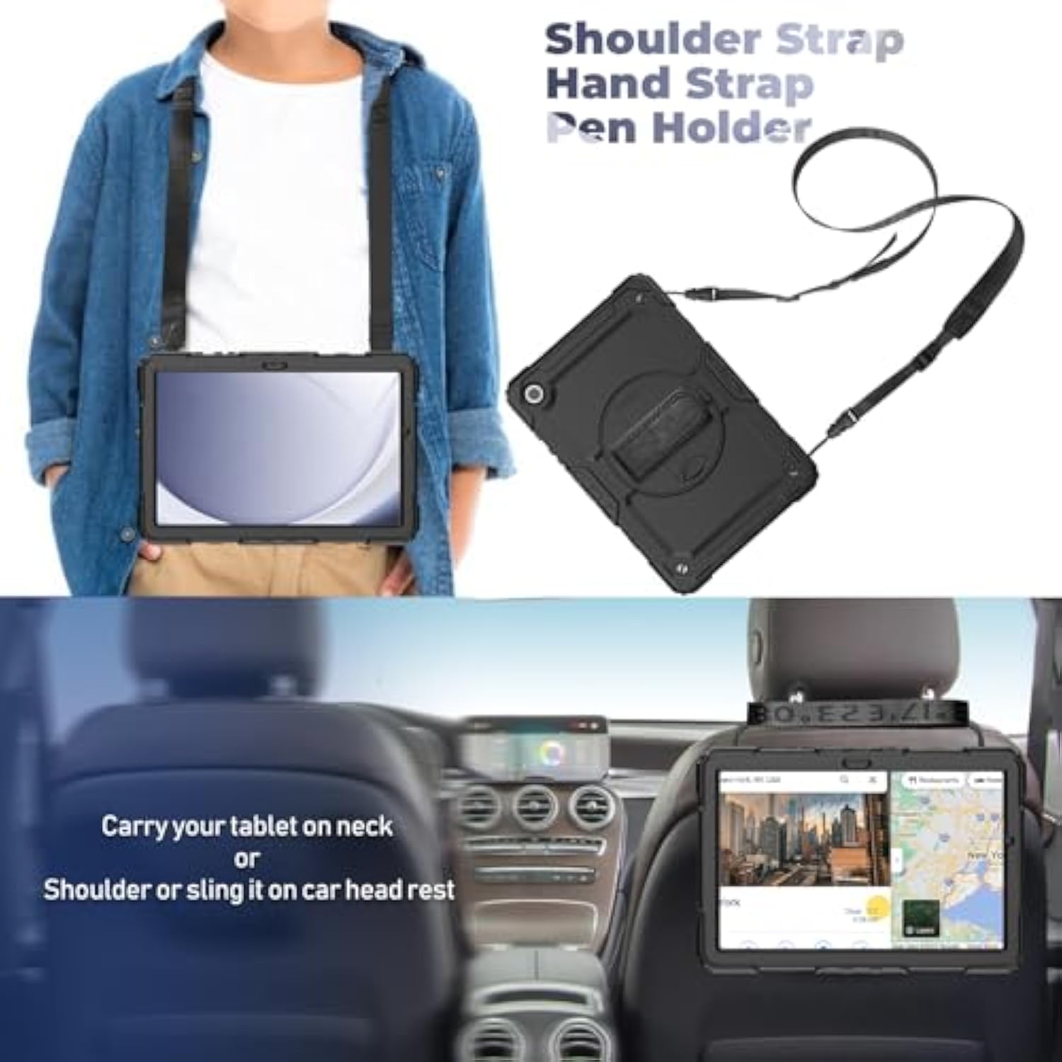 Bundle Of Case For Samsung Galaxy Tab A9 Plus 11 Inch 2023 With Tempered Glass Screen Protector Pencil Holder, Galaxy A9+ Plus Tablet Case With Shoulder Strap Hand Strap&Stand,Black