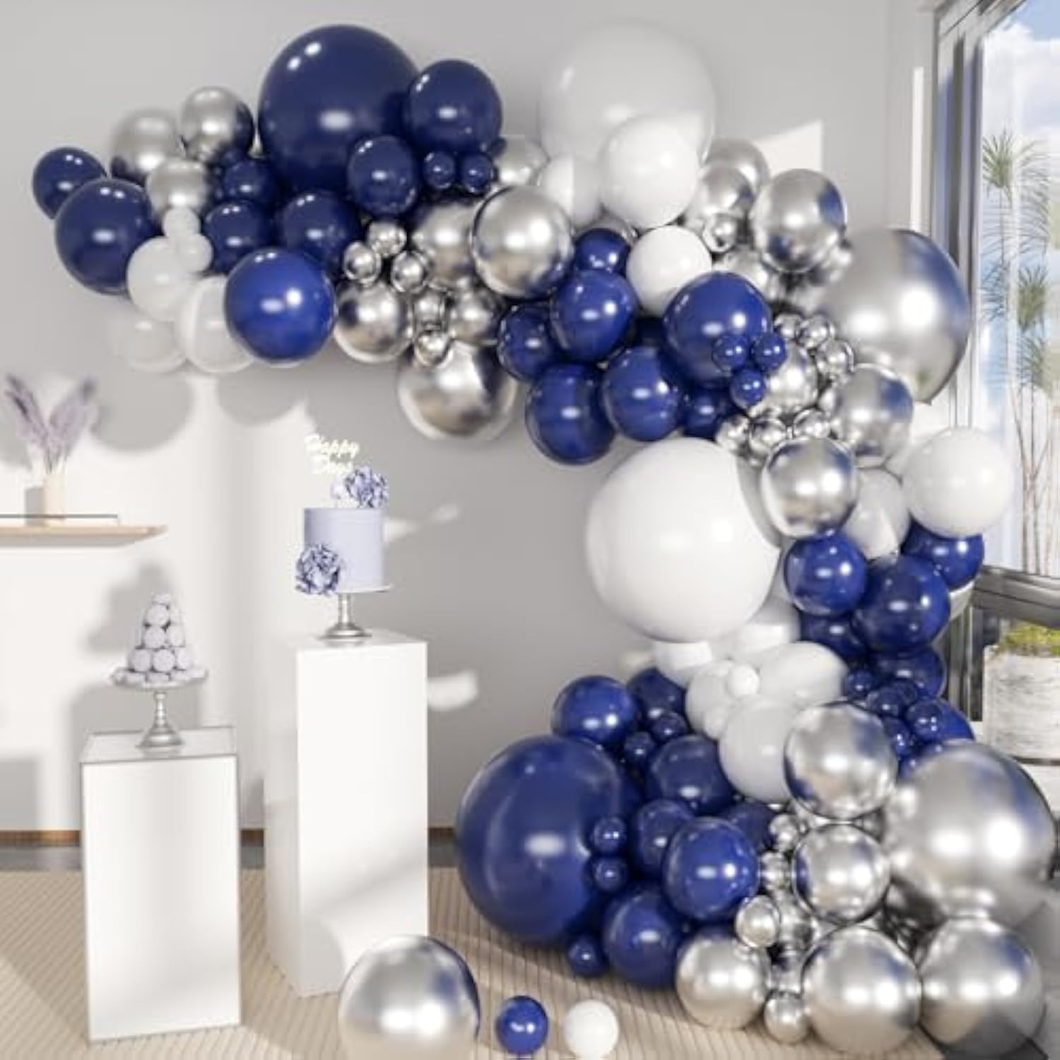 141pcs Blue, White & Silver Balloon Garland Kit for Birthday and Wedding Decor