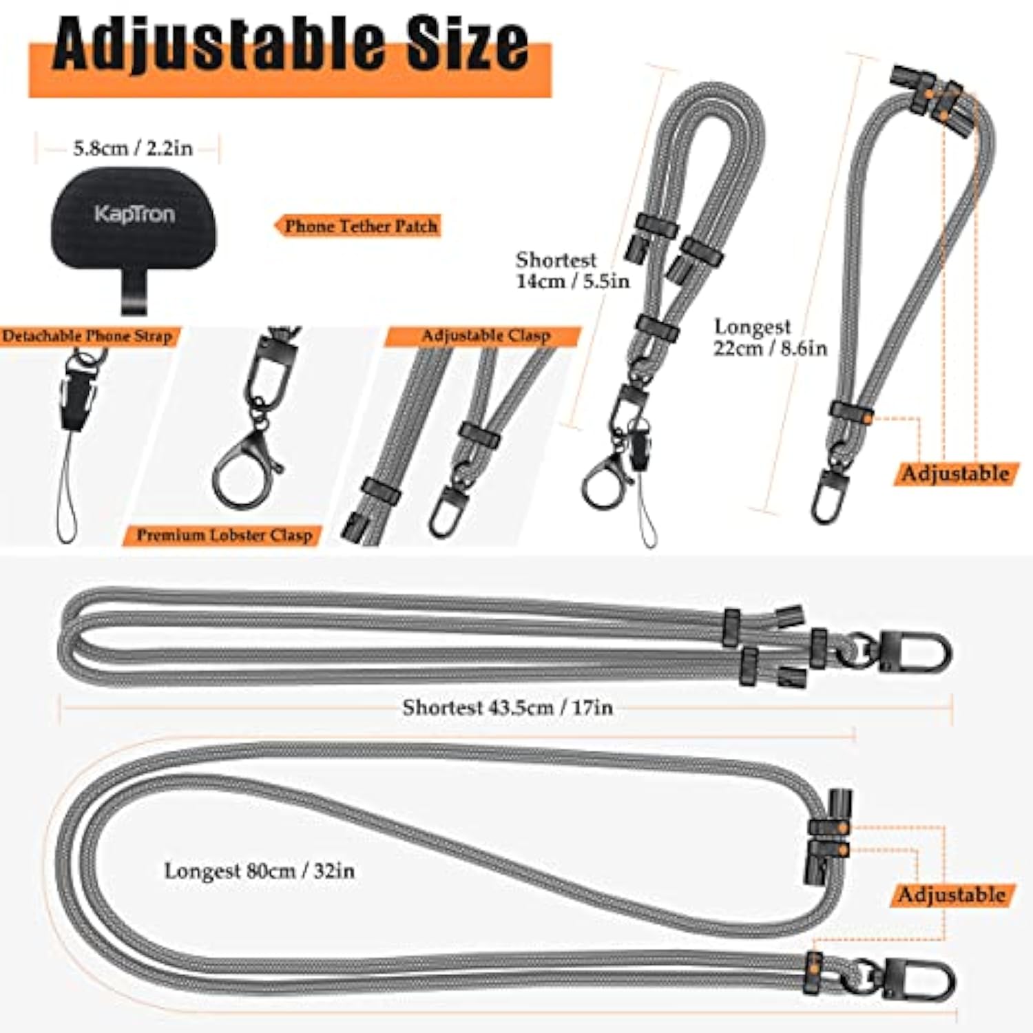Universal Phone Lanyard With Wrist Strap, Adjustable Crossbody Cell Phone Lanyard Neck Strap And Wristlet Strap With 2 Lobster Clips, Phone Tether Patches And Phone Straps (Gray, 2 Pack)