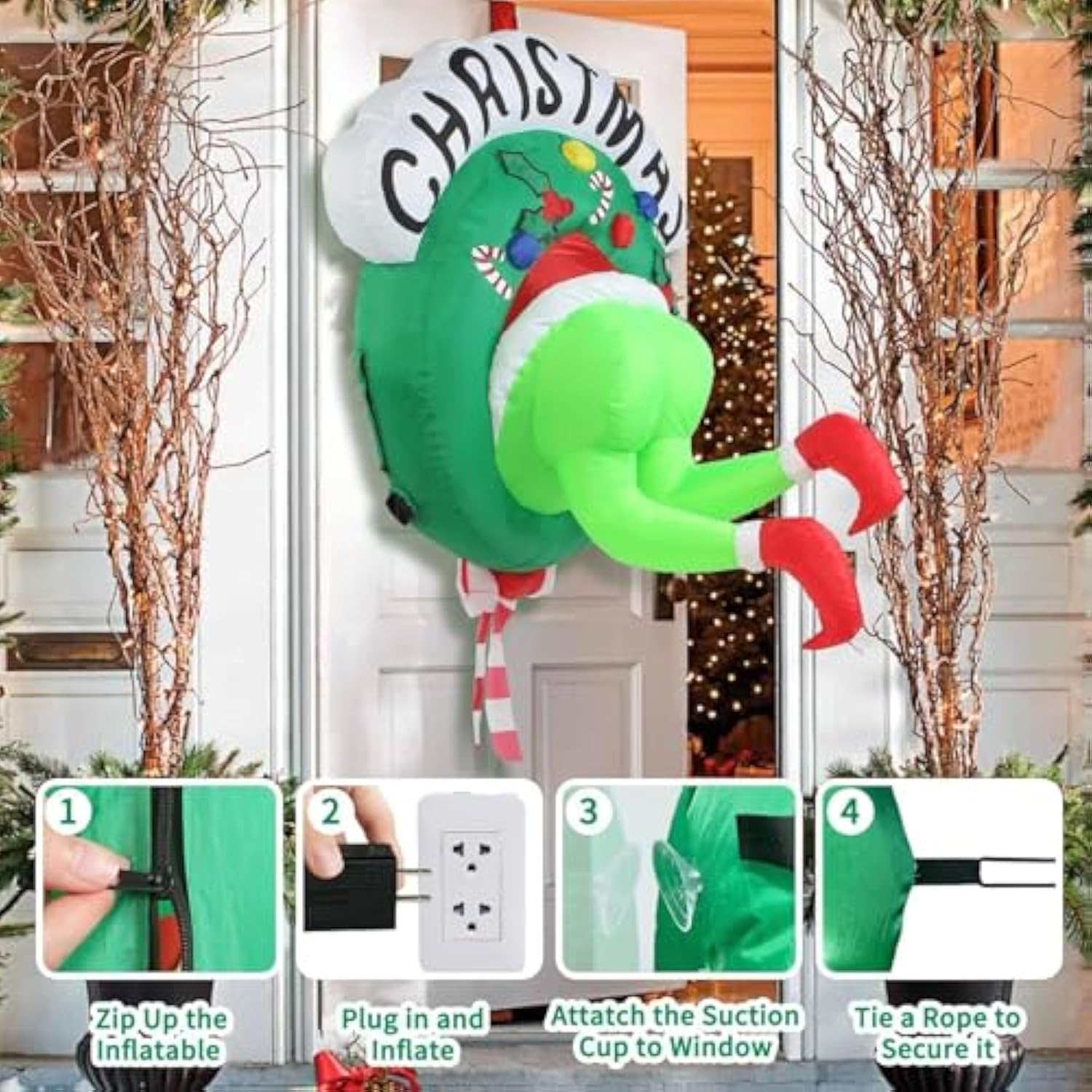 Christmas Inflatable Outdoor Decoration Window 3.5Ft Green Ugly Monster In Wreath With Built-In Led Lights For Yard Chri
