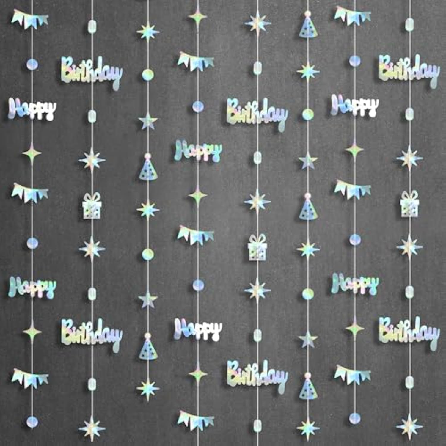, Iridescent Happy Birthday Garland Banner - 6.5 Feet, Pack Of 8 | Silver Hanging Garland For Happy Birthday Decorations | Disco Theme Party Decorations | No Diy