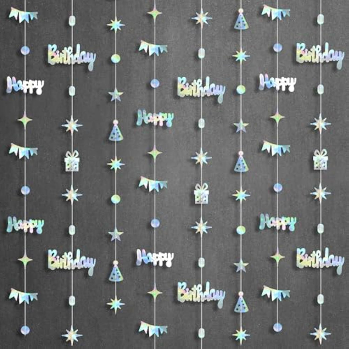 , Iridescent Happy Birthday Garland Banner - 6.5 Feet, Pack Of 8 | Silver Hanging Garland For Happy Birthday Decorations | Disco Theme Party Decorations | No Diy