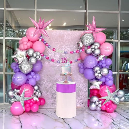 Pink And Purple Silver Balloon Garland Arch Kit 150Pcs Star Disco Ball Mylar Balloon For Girl Sweet16 Princess Birthday Music Fans Birthday 2025 Grad Concert Prom Mother'S Day Decorations