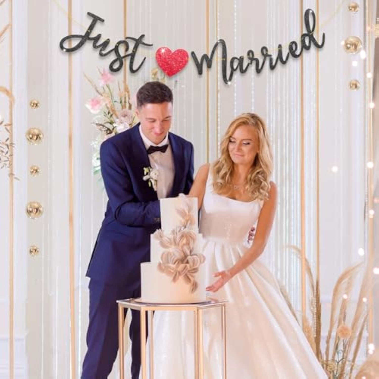 Just Married Glitter Banner for Wedding Reception, Car, Wall Photo Props