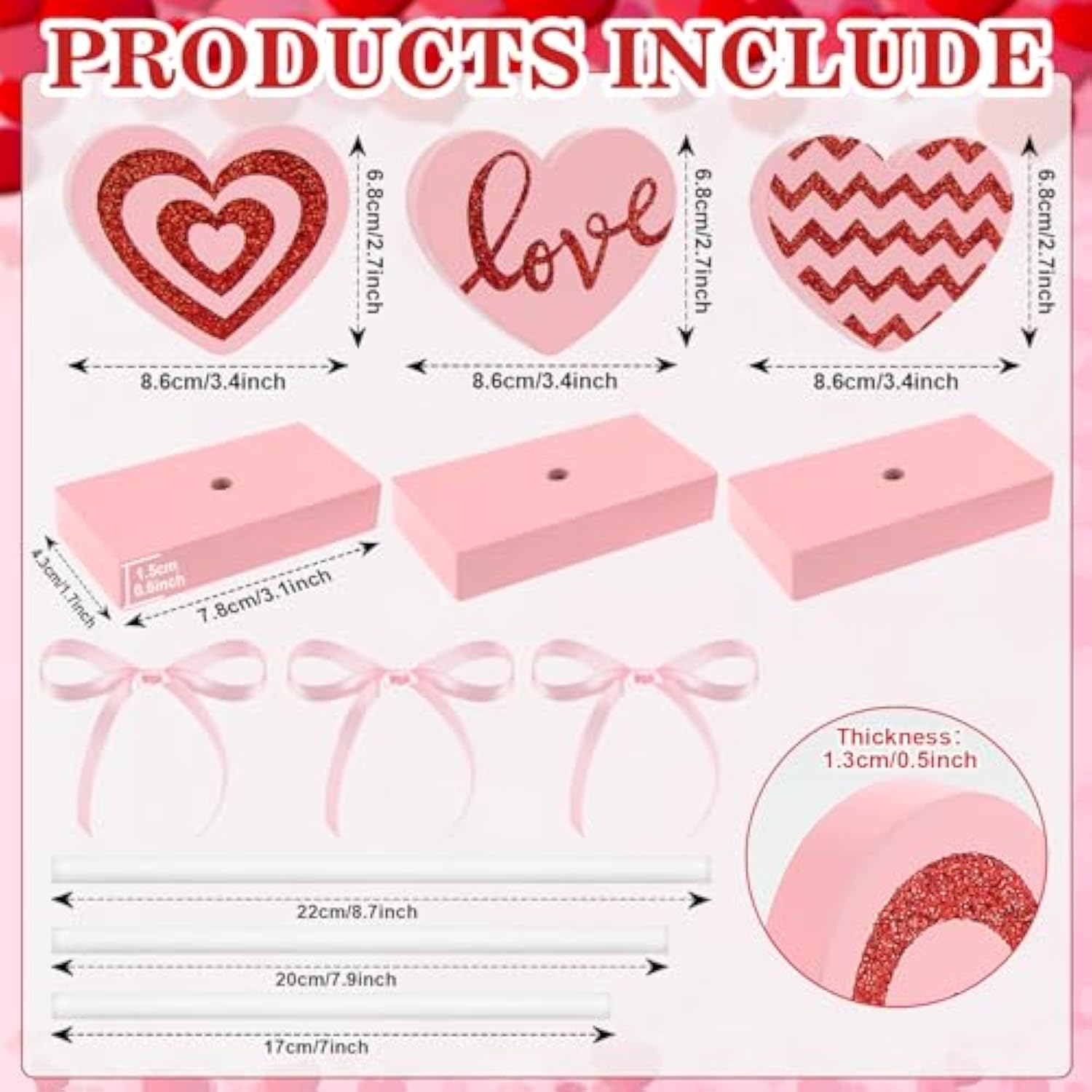3 Pieces Valentines Day Tiered Tray Decor Set, Wooden Heart Valentines Day Table Decor, Pink Valentines Day Decorations For Home Tables (Pink)