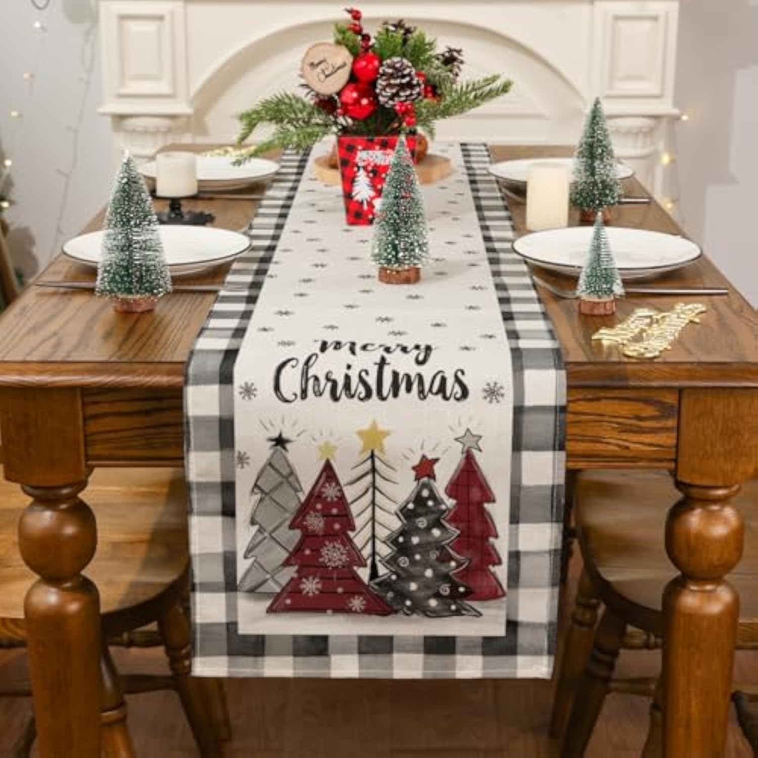 Christmas Table Runner, Buffalo Plaid Merry Christmas Runner, 13'' X 90''