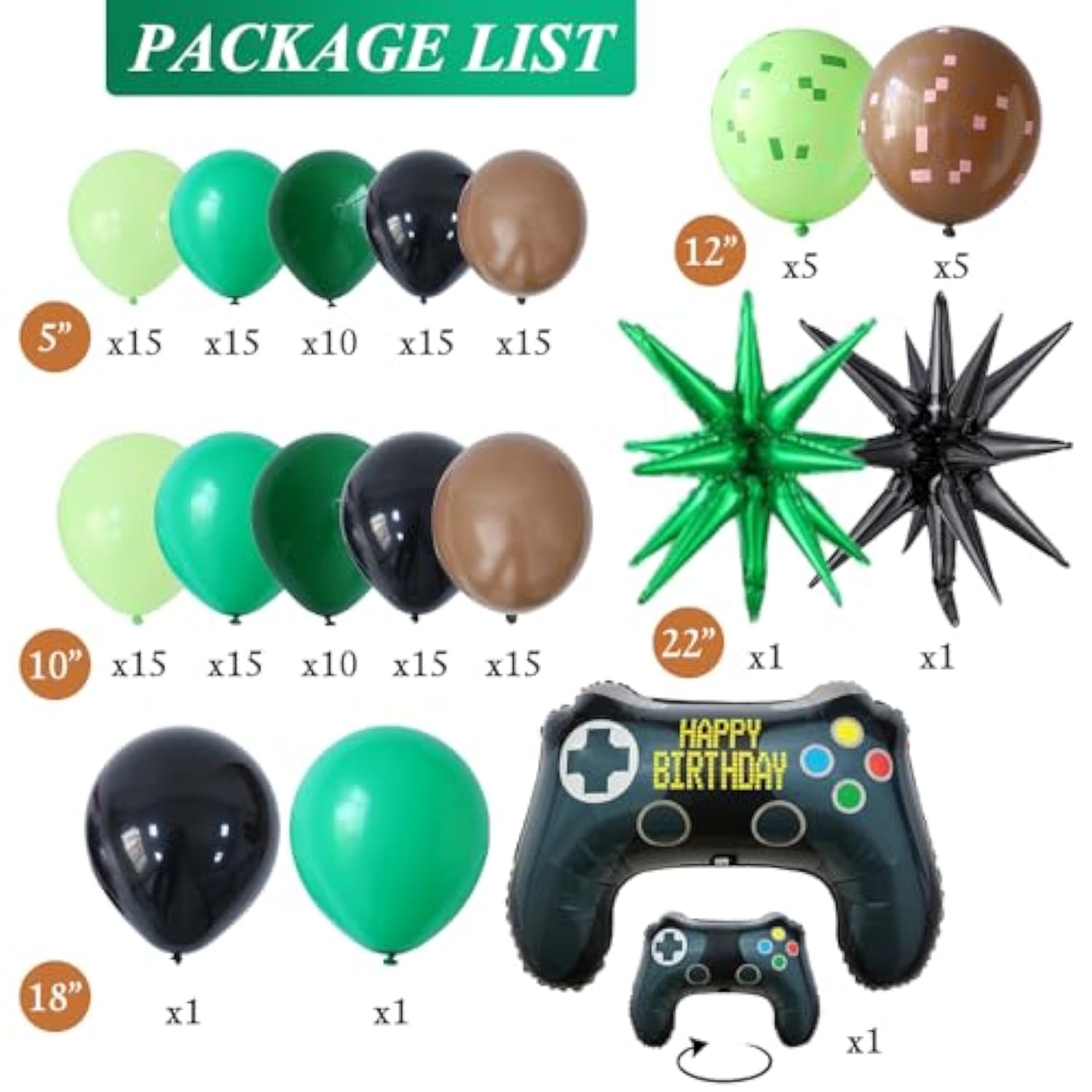 155Pcs Green Brown Black Balloons, Video Game Foil Balloon With Pixel Green And Brown Latex Balloons For Boys Birthday Baby Shower Jungle Party Decorations