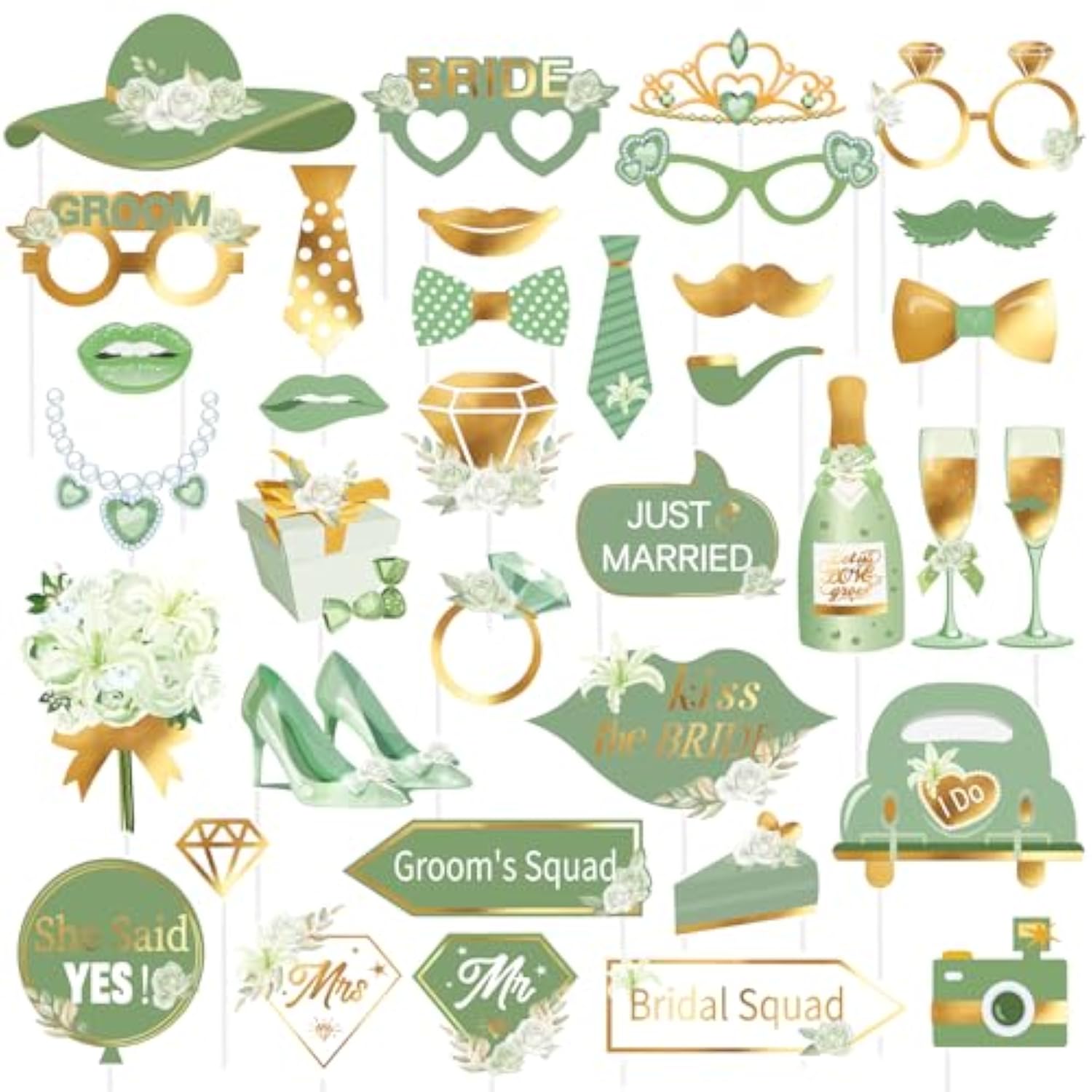 38 Pcs Sage Green Wedding Photo Booth Props, Bridal & Engagement Party Decorations