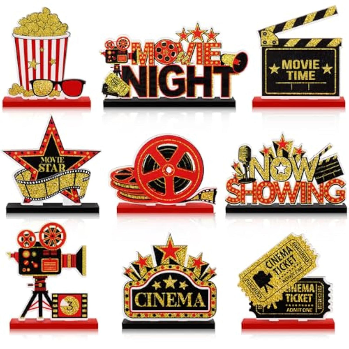 9 Pcs Movie Night Party Decorations Movie Theme Wooden Table Centerpieces Theater Now Showing Table Sign Cinema Popcorn Star Tabletop Decor For Home Film Birthday Party Supplies