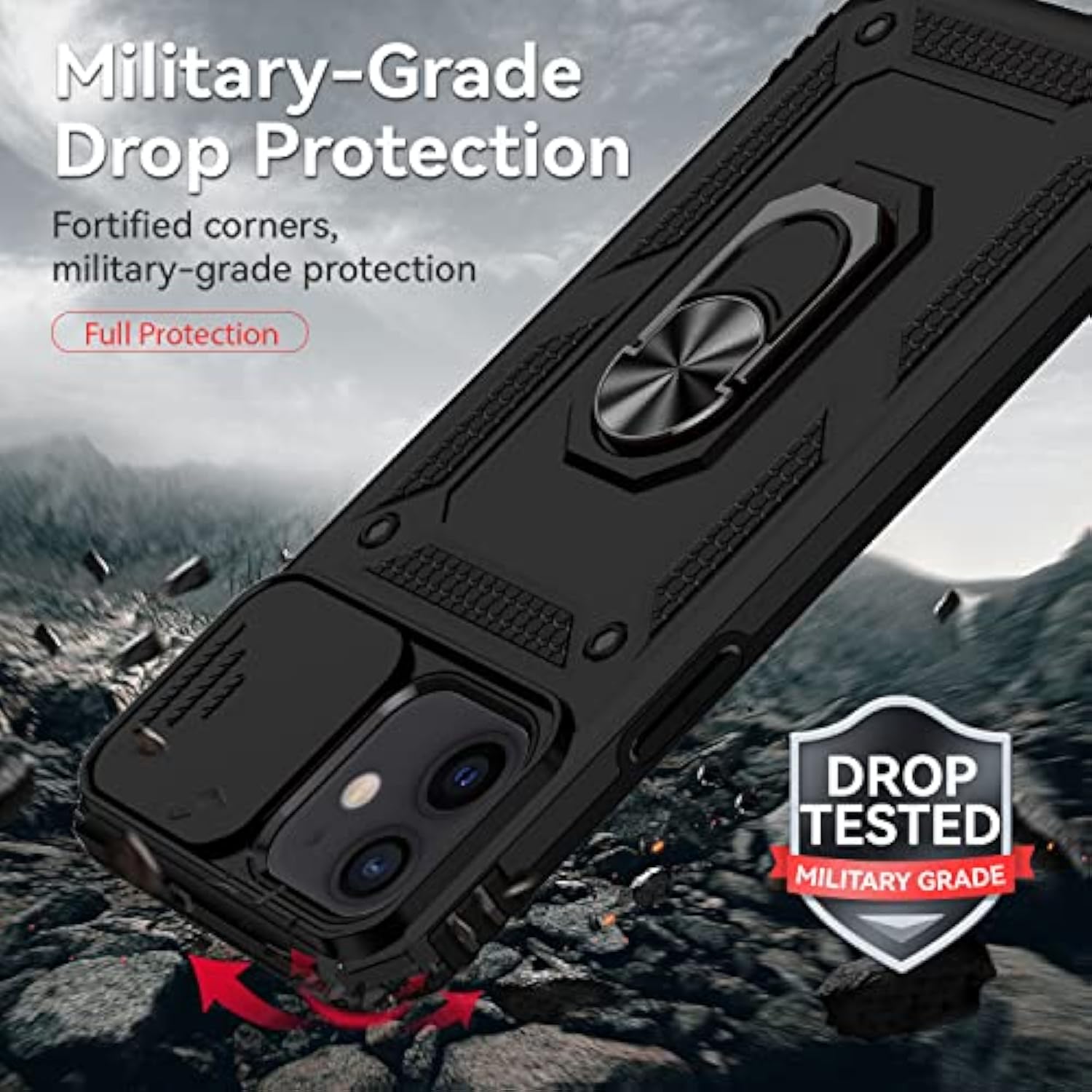 For Iphone 12 / Iphone 12 Pro Case With Camera Lens Cover Hd Screen Protector, Military Grade Drop Protection Magnetic Ring Holder Kickstand Protective Phone Case For Iphone 12 / 12 Pro (Black)
