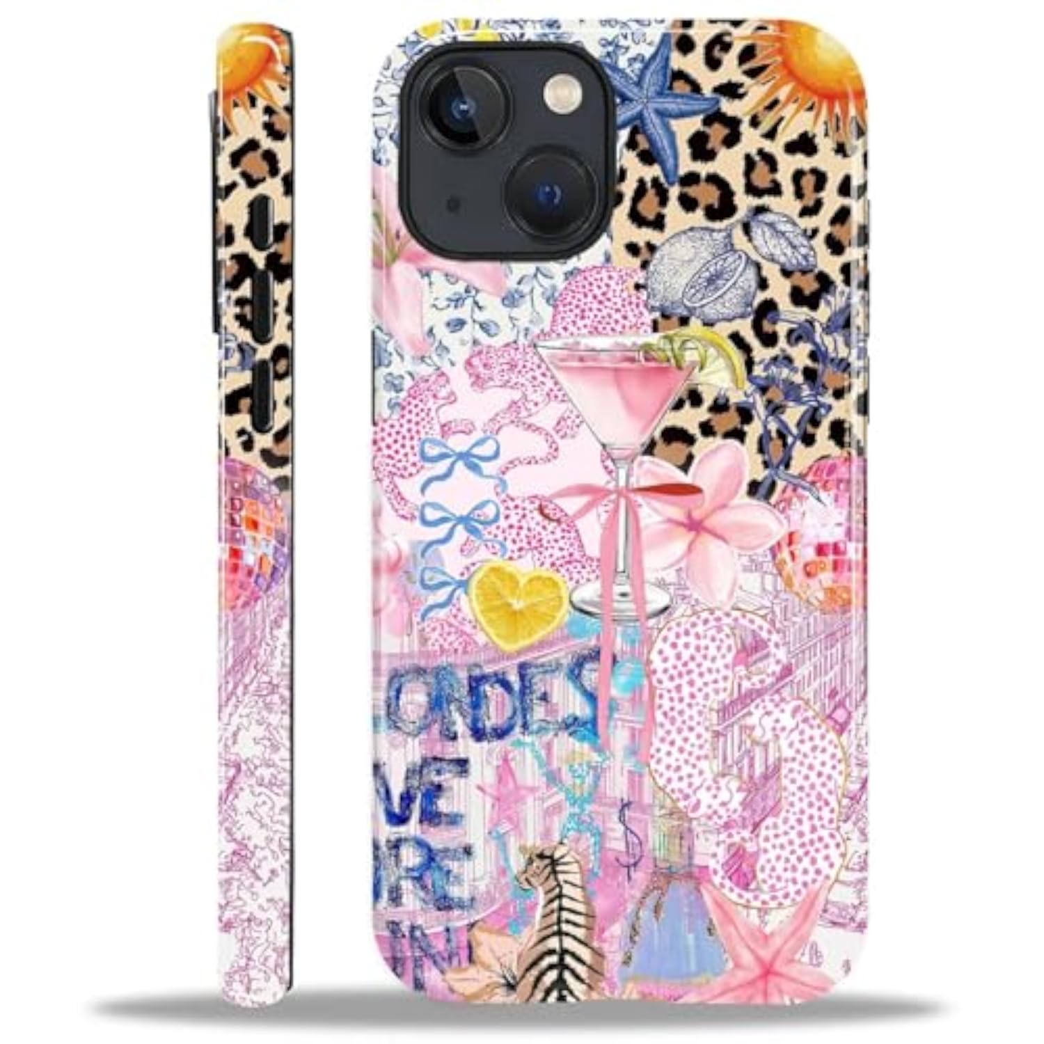 Cute iPhone 13 14 Case, Aesthetic Dual Layer Shockproof Phone Cover for Women Girls, Pink Blue Leopard Collage