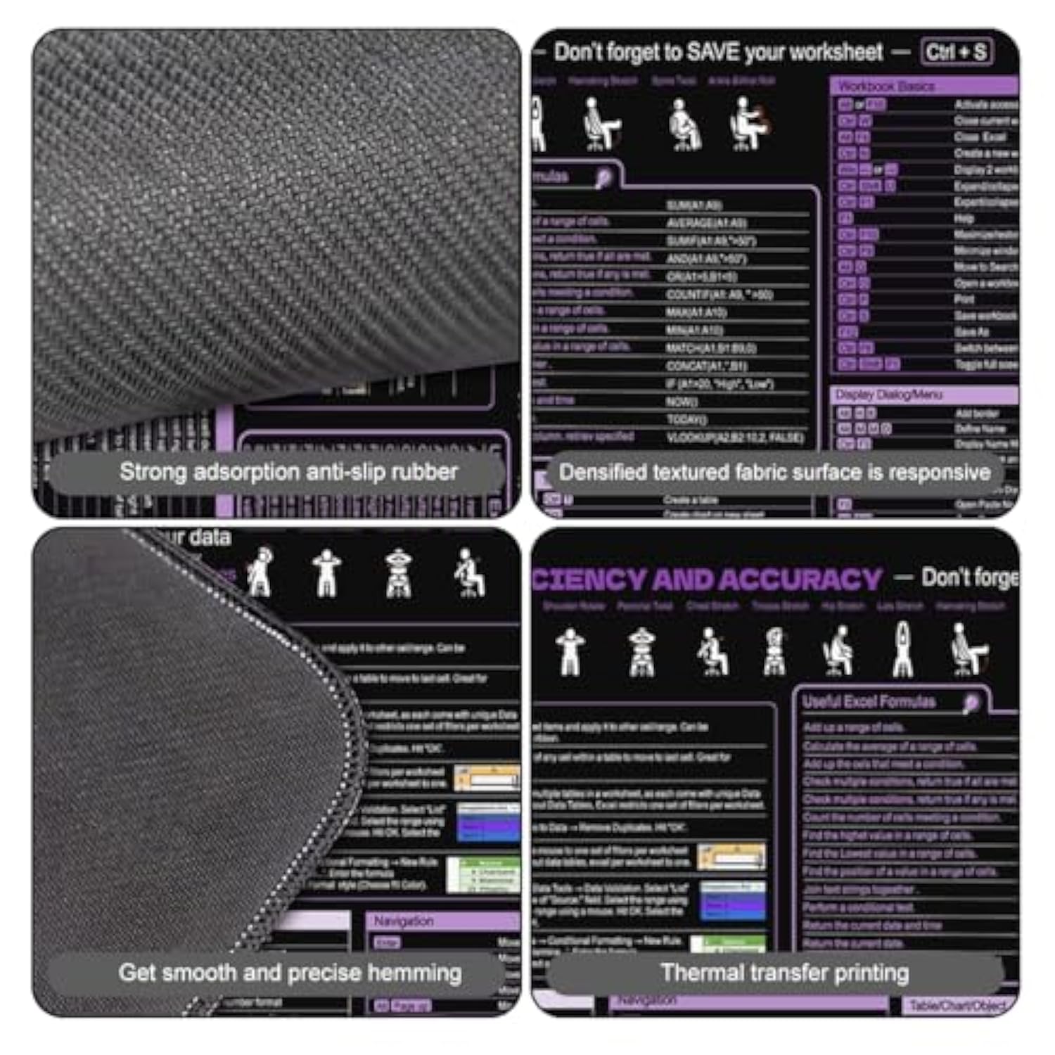 Xl Large Mouse Pad Desk Mat With Purple Excel Shortcuts Cheat Sheet, Anti-Slip Keyboard Pad With Multifunctional, Gaming Mousepad, Office Desk Accessories For Computer,Pc And Laptop (Ts1118)