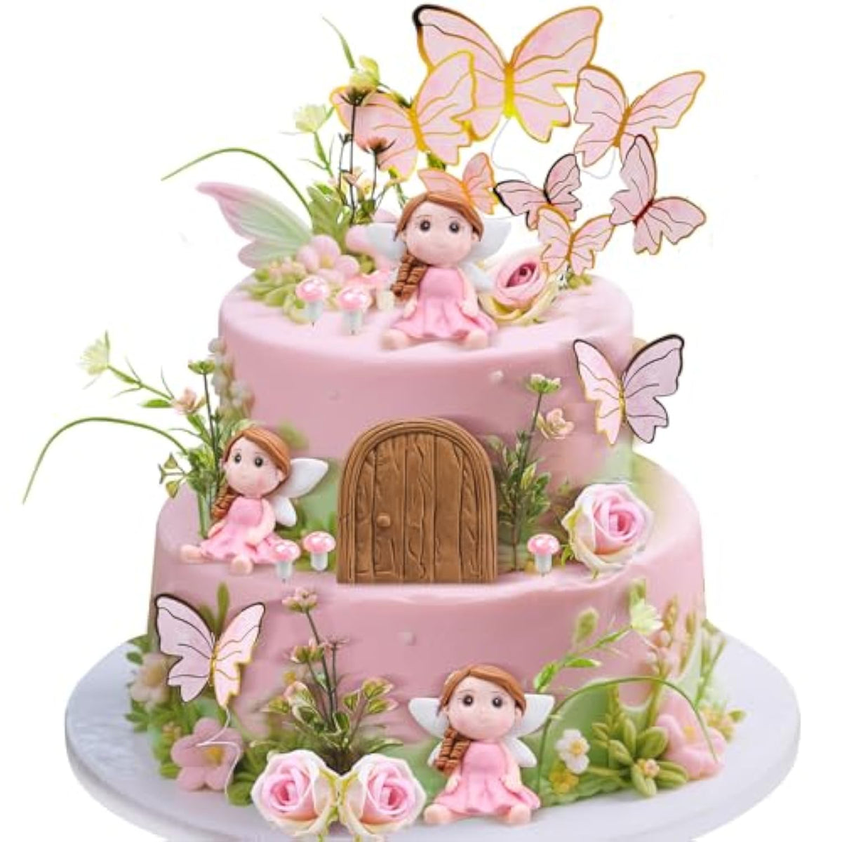 38 Pcs Fairy Cake Toppers Garden Topper Fairy Cake Decoration Pink Mushroom Butterfly Flowers Dessert Decoration For Birthday Baby Shower Party Favors