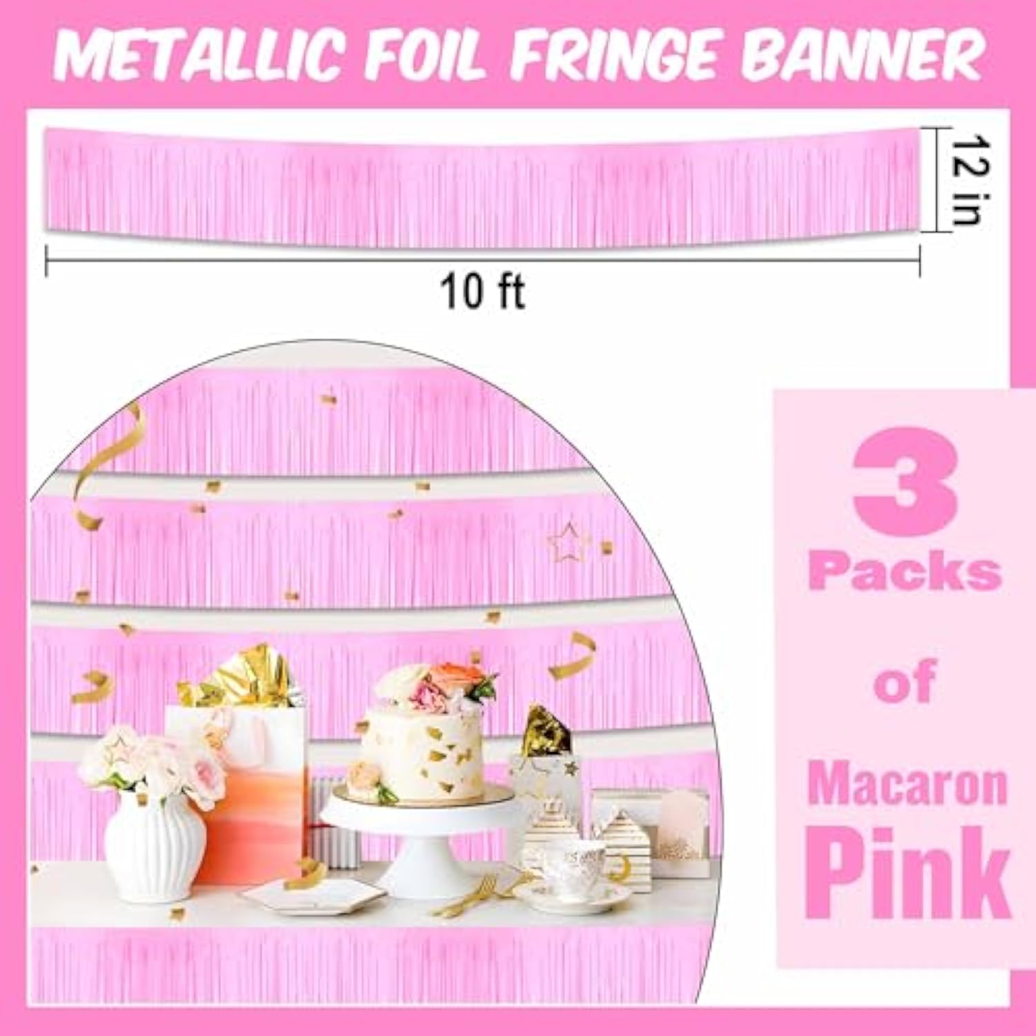 3 Pack 10 Ft Macaron Pink Foil Fringe Garland Metallic Streamers Tinsel Banner Wall Hanging Garland Backdrop For Parade Floats, Halloween, Christmas, Thanksgiving, New Year Party Decorations