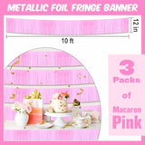 3 Pack 10 Ft Macaron Pink Foil Fringe Garland Metallic Streamers Tinsel Banner Wall Hanging Garland Backdrop For Parade Floats, Halloween, Christmas, Thanksgiving, New Year Party Decorations
