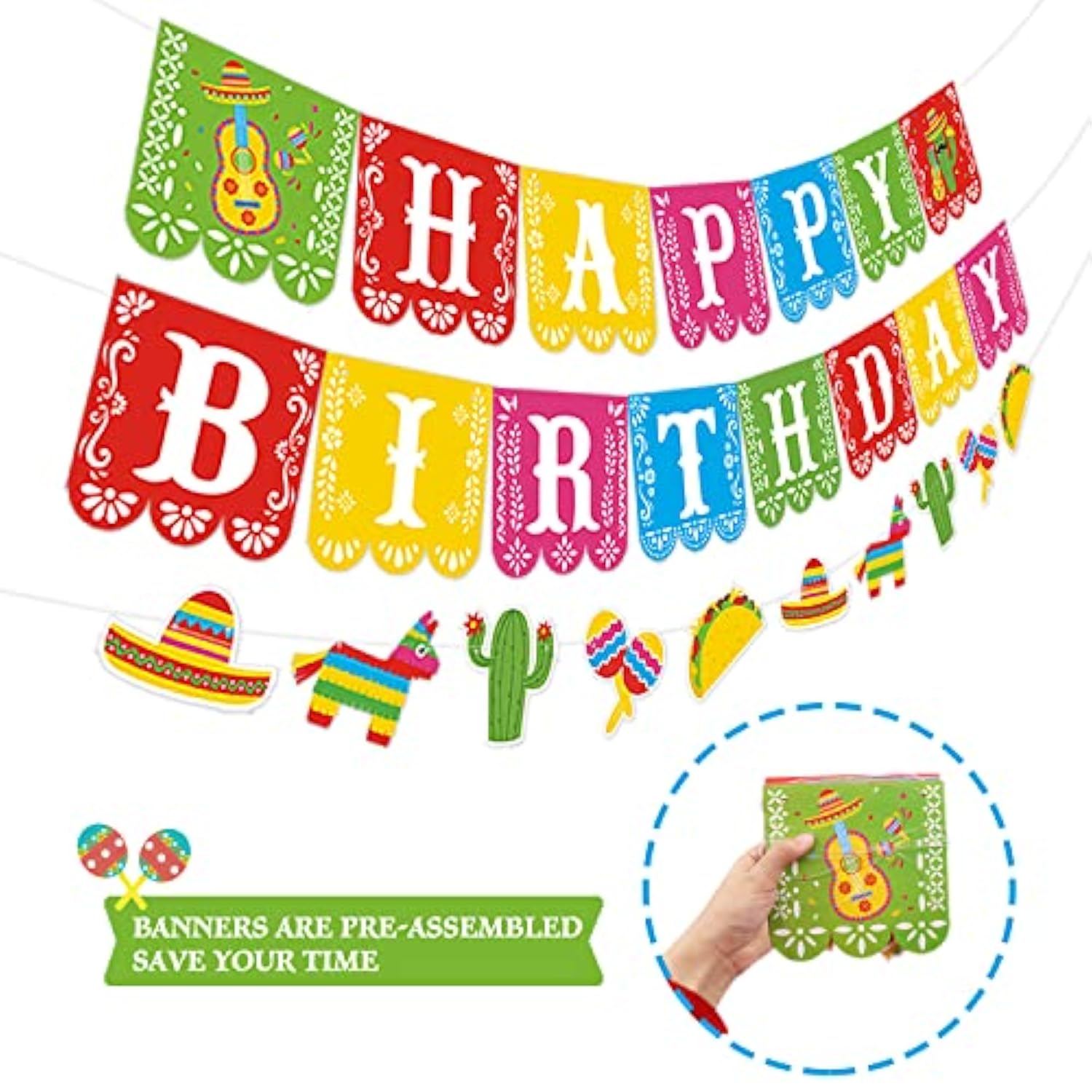 3 Pcs Mexican Happy Birthday Banner Cinco De Mayo Fiesta Party & Photo Booth Decor