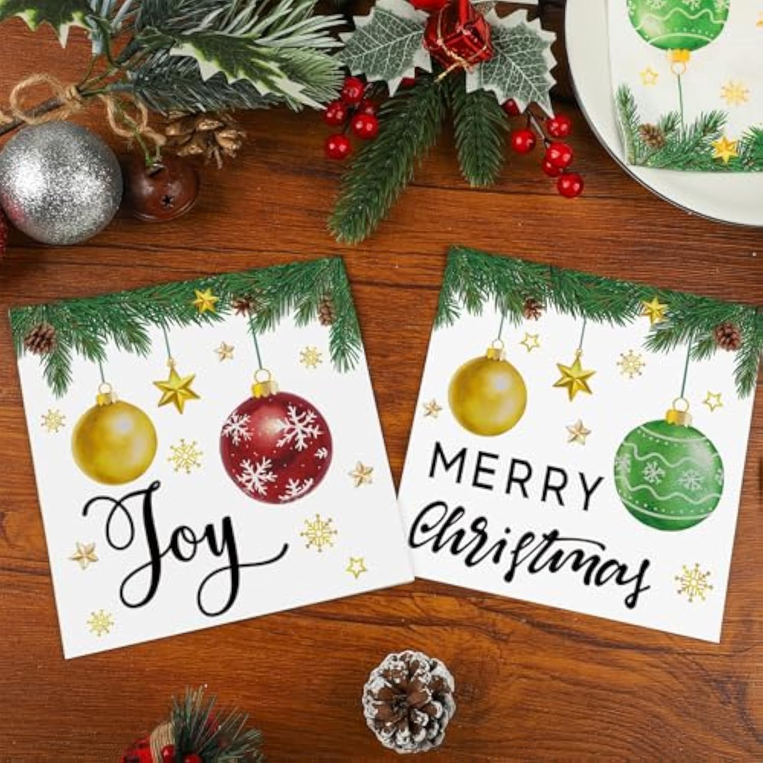 50 Pcs Christmas Paper Napkins 3-Ply Xmas Ball Disposable Luncheon Party Napkins 2-Sided Merry Christmas Joy Paper Napkin For Xmas Holiday Kitchen Party Supplies