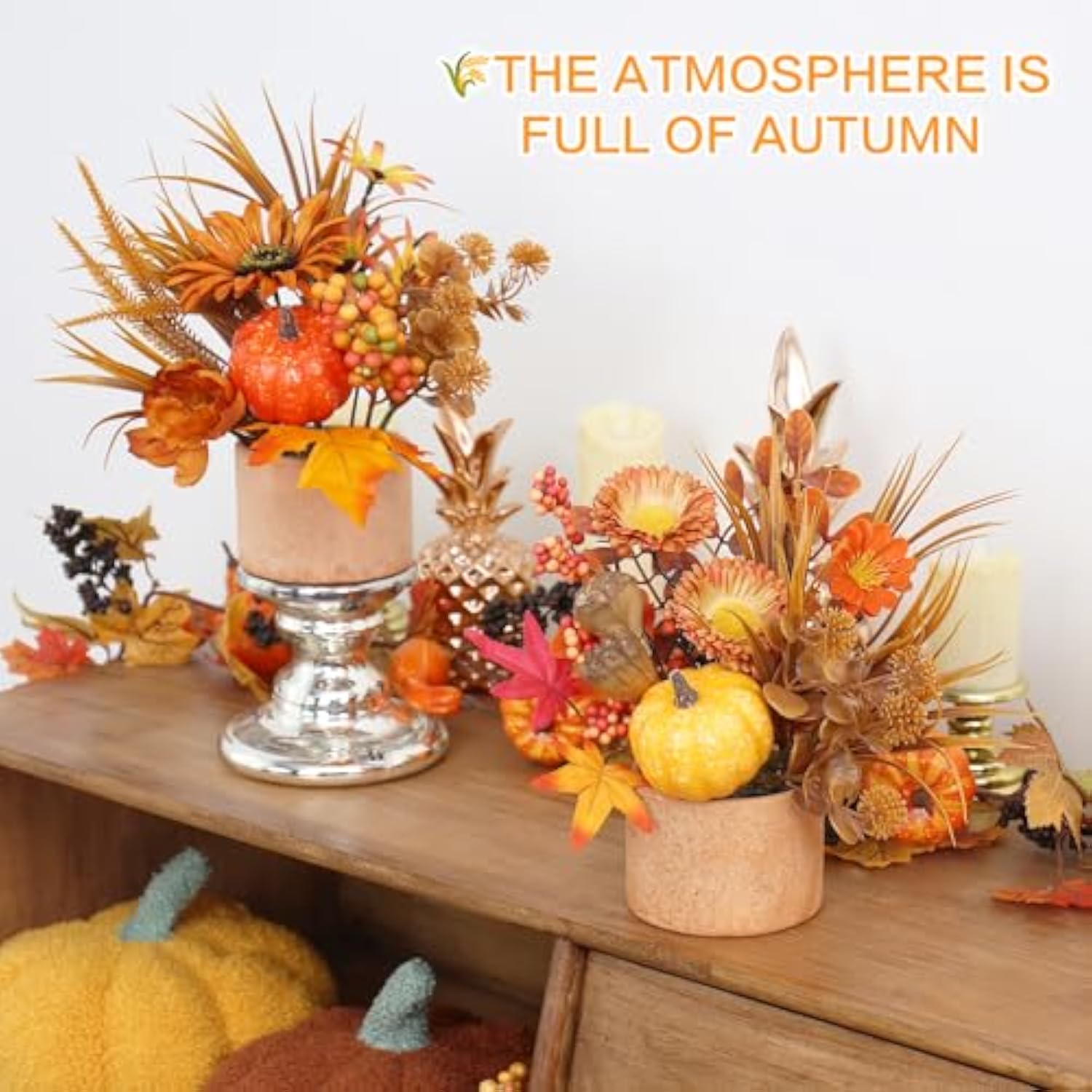 2Pcs Fall Decor, Artificial Maple Leaves Pumpkin Berry Table Decorations, For Home Autumn Harvest Halloween Thanksgiving Holiday Party Table Centerpieces Fireplace Decor.