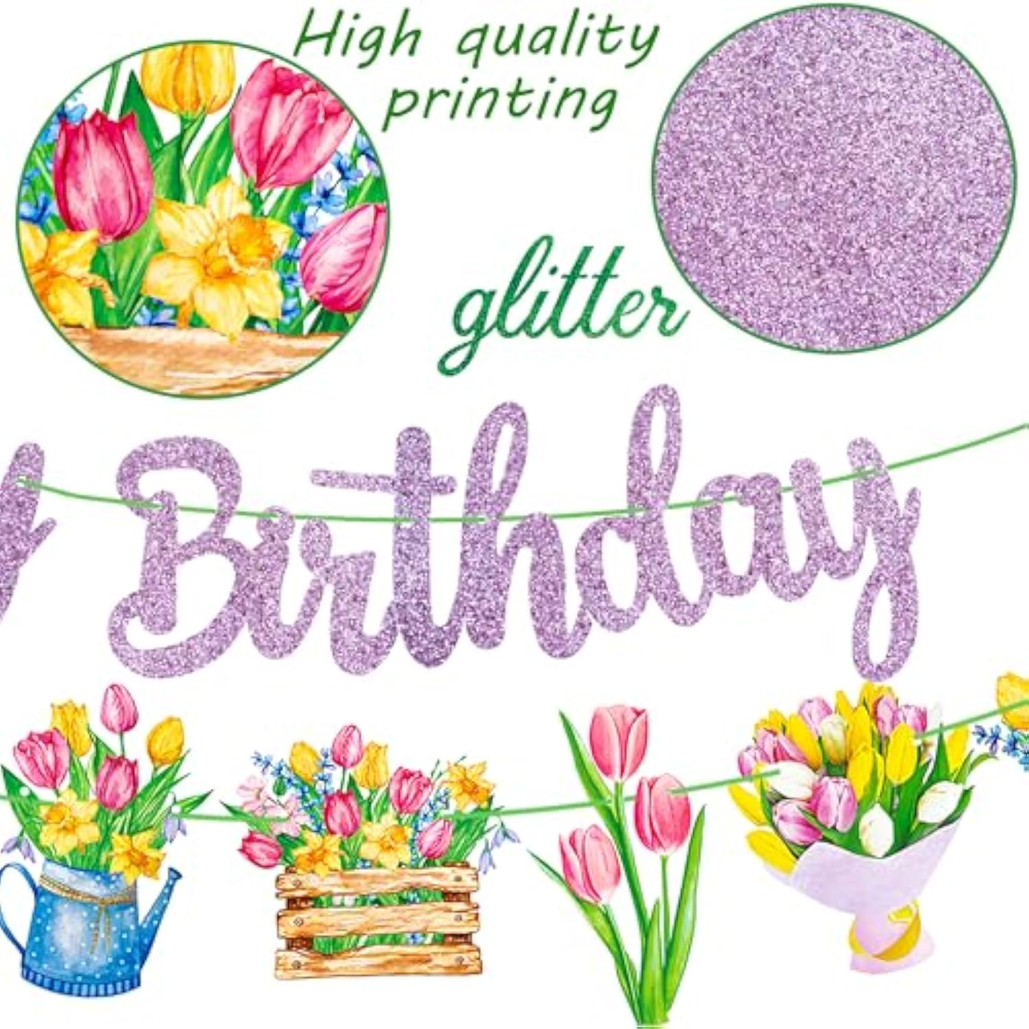 Tulip Birthday Party Banners 3Pcs Spring Floral Banner Purple Tulip Ecorations Spring Birthday Party Decorations For Flower Mom Happy Party Decoration