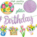 Tulip Birthday Party Banners 3Pcs Spring Floral Banner Purple Tulip Ecorations Spring Birthday Party Decorations For Flower Mom Happy Party Decoration
