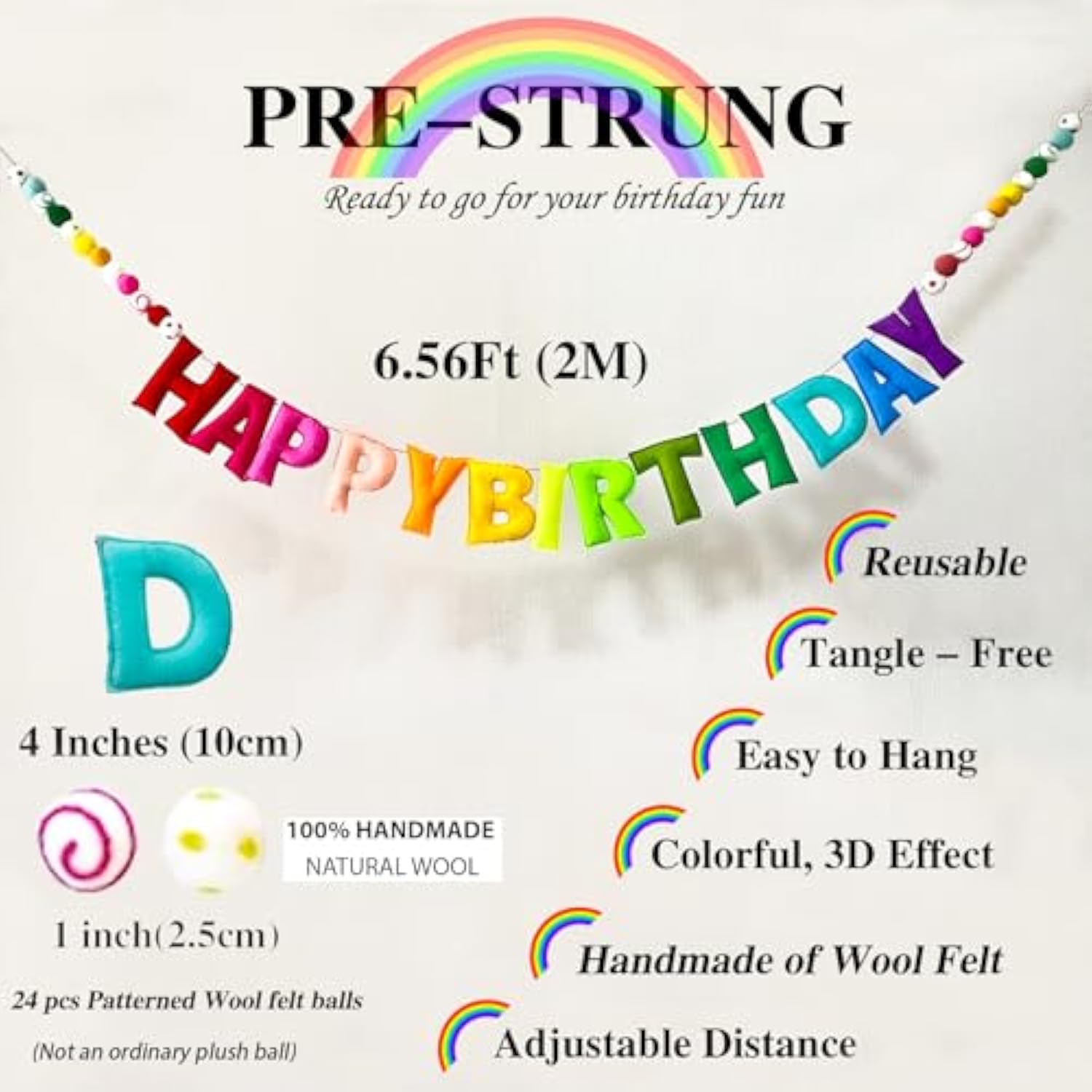Pre-Strung Happy Birthday Banner - Felt Ball Garland - Happy Birthday Garland, Rainbow Birthday Decorations, Personalized Happy Birthday Sign For Birthday Decor, Party Decor, Photo Prop
