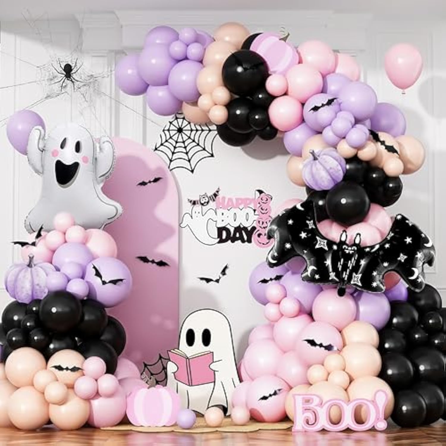 Pink Purple Halloween Balloon Garland Kit 125pcs with Ghost Bat Foil Balloons Decor