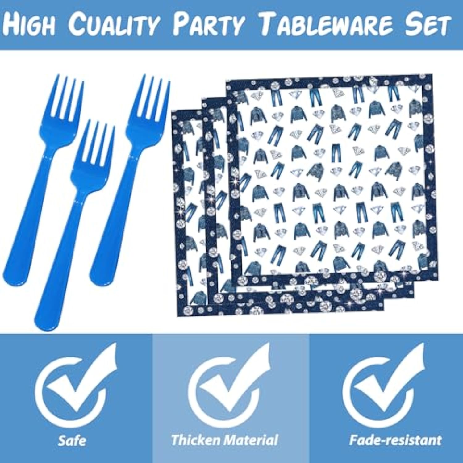 Denim And Diamonds Party Decorations Denim And Diamonds Birthday Plates And Napkins Forks Denim Themed Jeans Disposable Table Decor Supplies For Bachelor Bridal Shower Party Decor