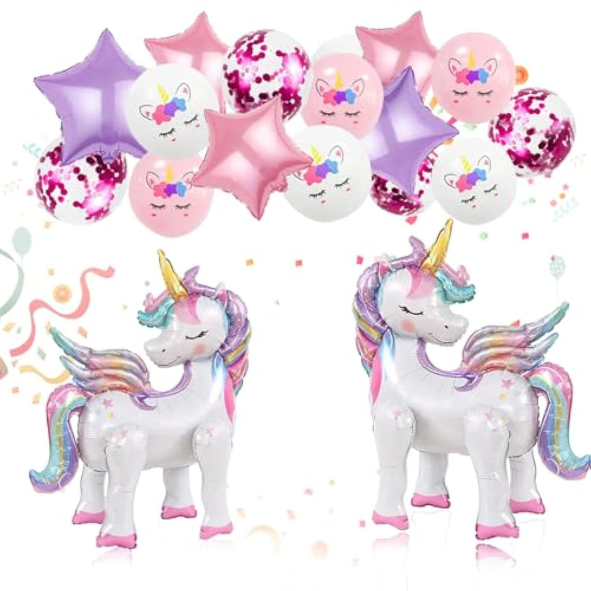 16Pcs Unicorn Balloons Kit – 2 3D Foil Unicorns, 4 Stars & 10 Latex Balloons