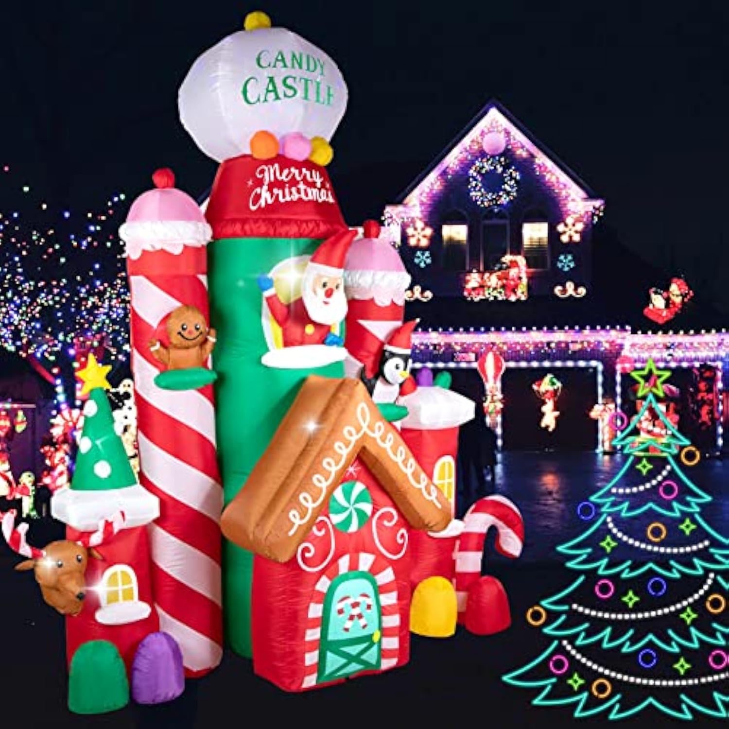 10 Ft Christmas Inflatable Decorations,Gaint Candy Castle Inflatable With Santa,Reindeer,Penguin,Gingerbread - Blow Up Y