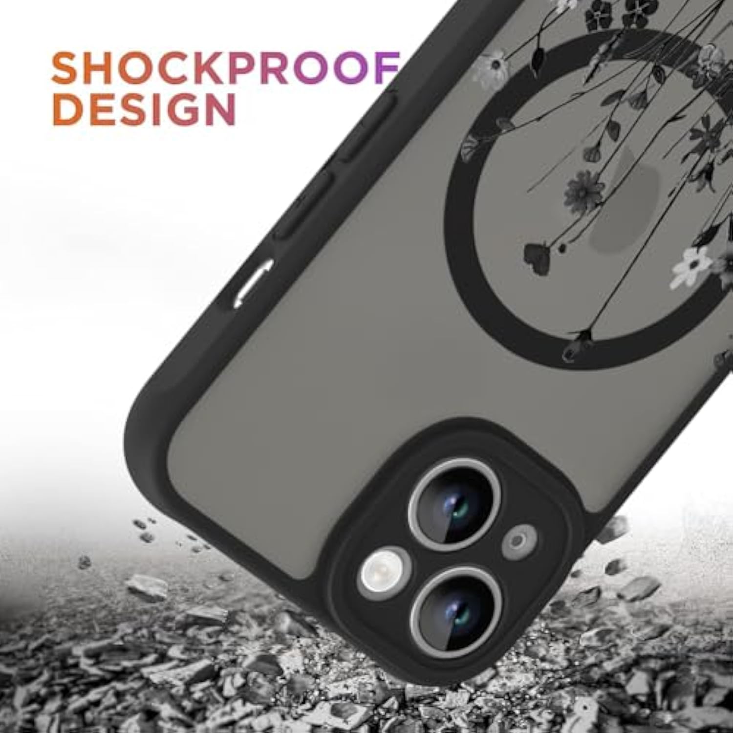 OOK Magnetic for iPhone 14 Case [Compatible with MagSafe] Black Wild Flower Slim Translucent Matte Case for iPhone 14 Case Camera Lens Protection Scratch-Resistant Cover, Black Wild Flower (6.1")