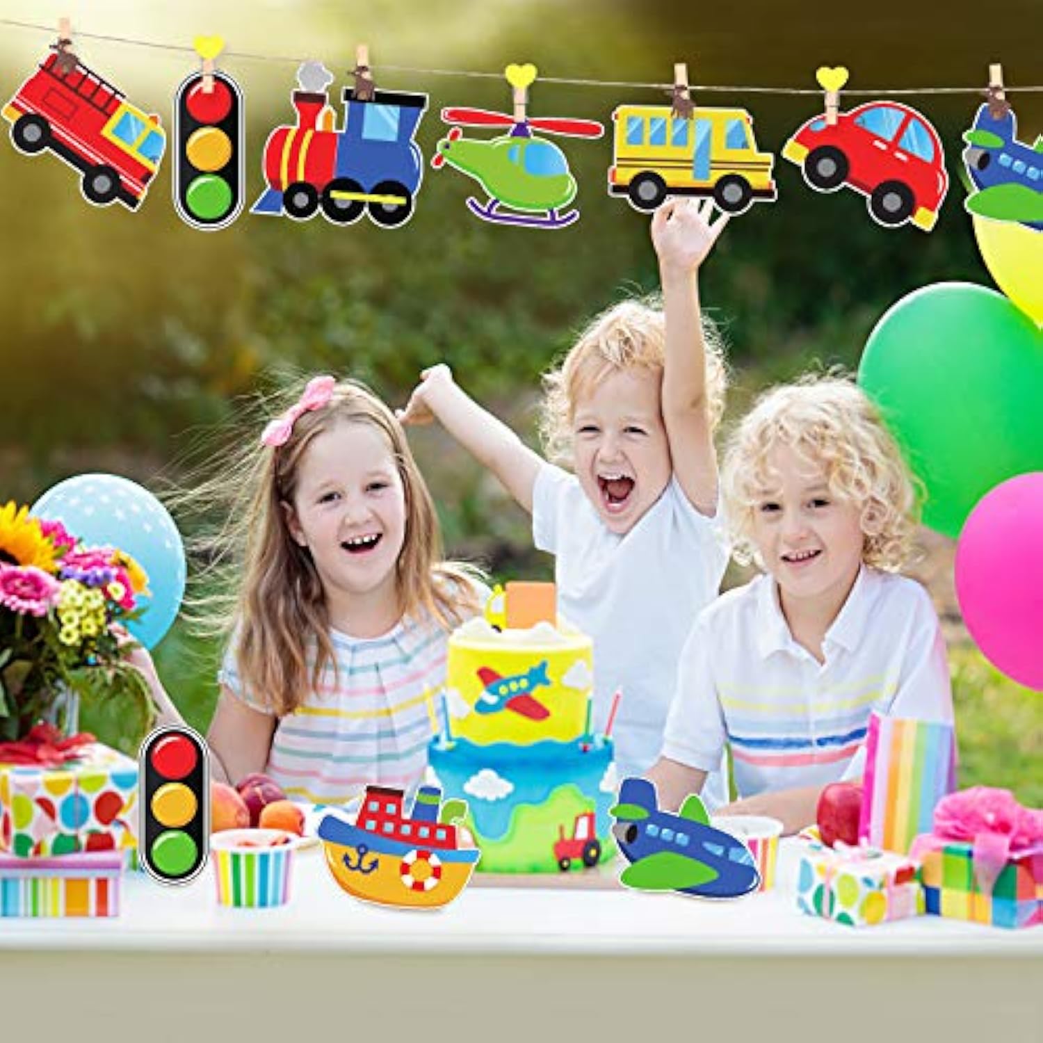 40 Pcs Transportation Birthday Party Decorations Classroom Decor Diy Car Cutout Cardboard Cutout Car Bus Train Plane Ship Helicopter Fire Truck Traffic Light Photo Prop With Glue Point Dot