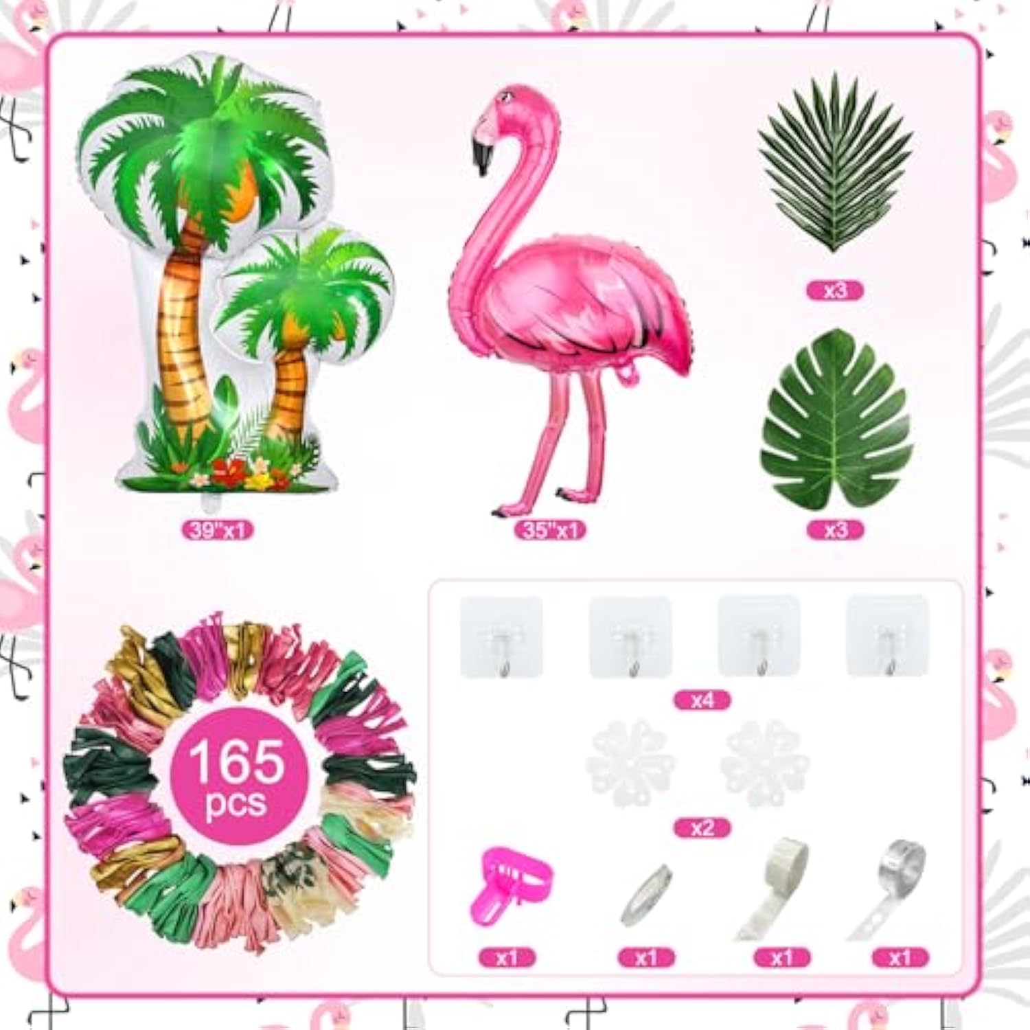165Pcs Flamingo Tropical Balloon Arch Garland Kit, Hot Pink Green Gold Foil Coconut Flamingo Balloons With Palm Leaves For Hawaiian Luau Aloha Summer Beach Tropical Birthday Party Decorations