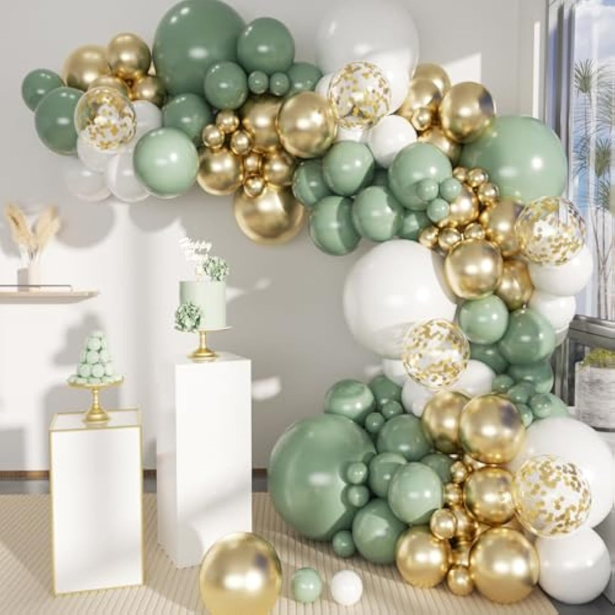 Sage Green White Gold Balloon Garland Arch Kit 146Pcs for Birthday Baby Shower Party