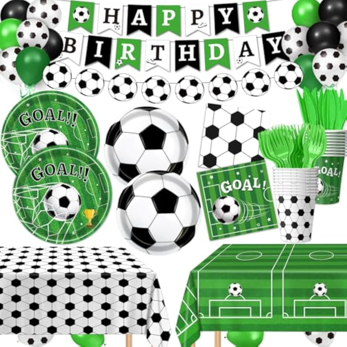 170 Pcs Soccer Party Decorations, Soccer Birthday Party Decorations - Includes Plates, Napkins, Cups, Banner, Balloons, Tablecloth, Knives, Forks For Sports Soccer Theme Party Decorations, Serve 24