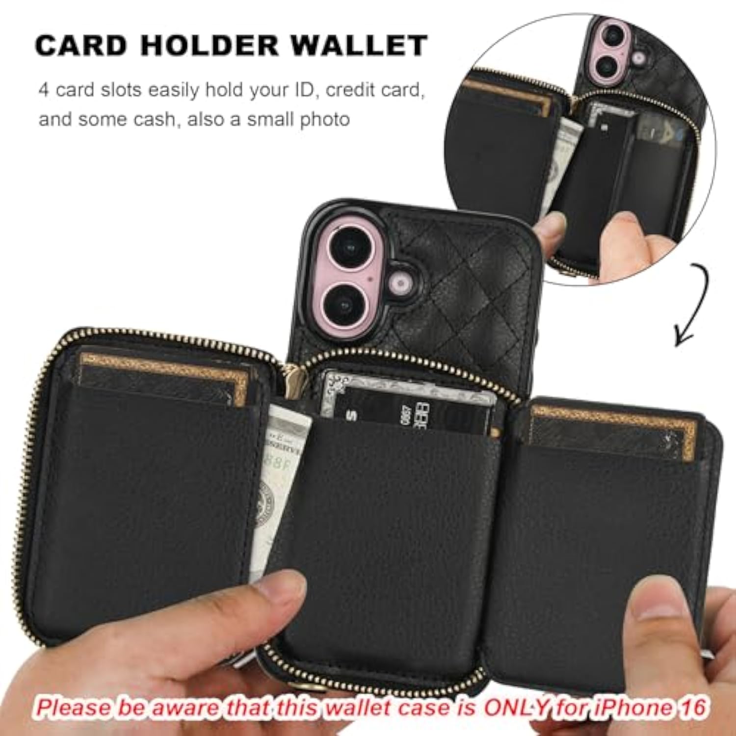 Crossbody Wallet Case For Iphone 16, Rfid Blocking Pu Leather Zipper Handbag Purse Flip Cover, Kickstand Folio Case With Card Slots Holder Wrist Strap Lanyard 5G 6.1 Inch (Black)