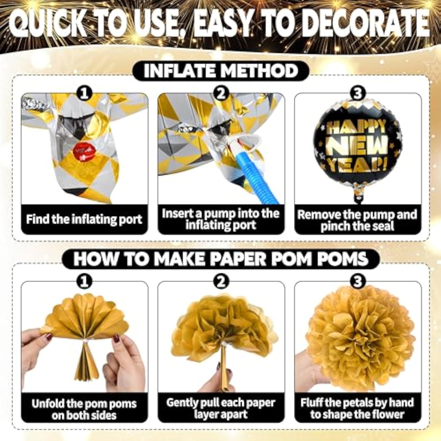 136 Pcs Black Gold Happy New Year 2026 Party Decoration Set