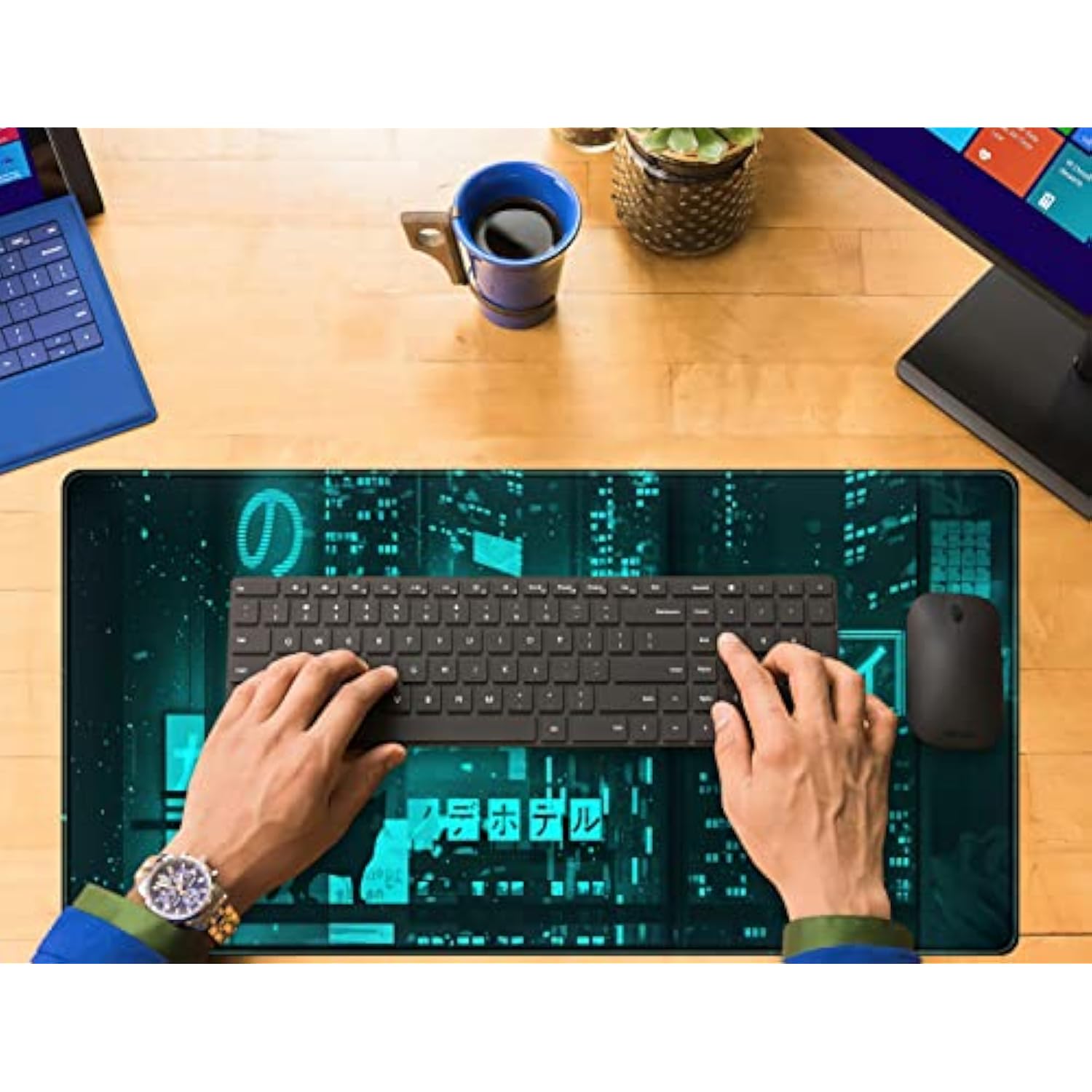 Cyan Green Japanese Desk Mat, Neon Tokyo Extended Mouse Pad Anime Cat Desk Pad, Gaming Mousepad Xxl, Large Keyboard Mat For Gamers, Cool Computer Mat For Desk With Stitched Edges 31.5X15.7 In