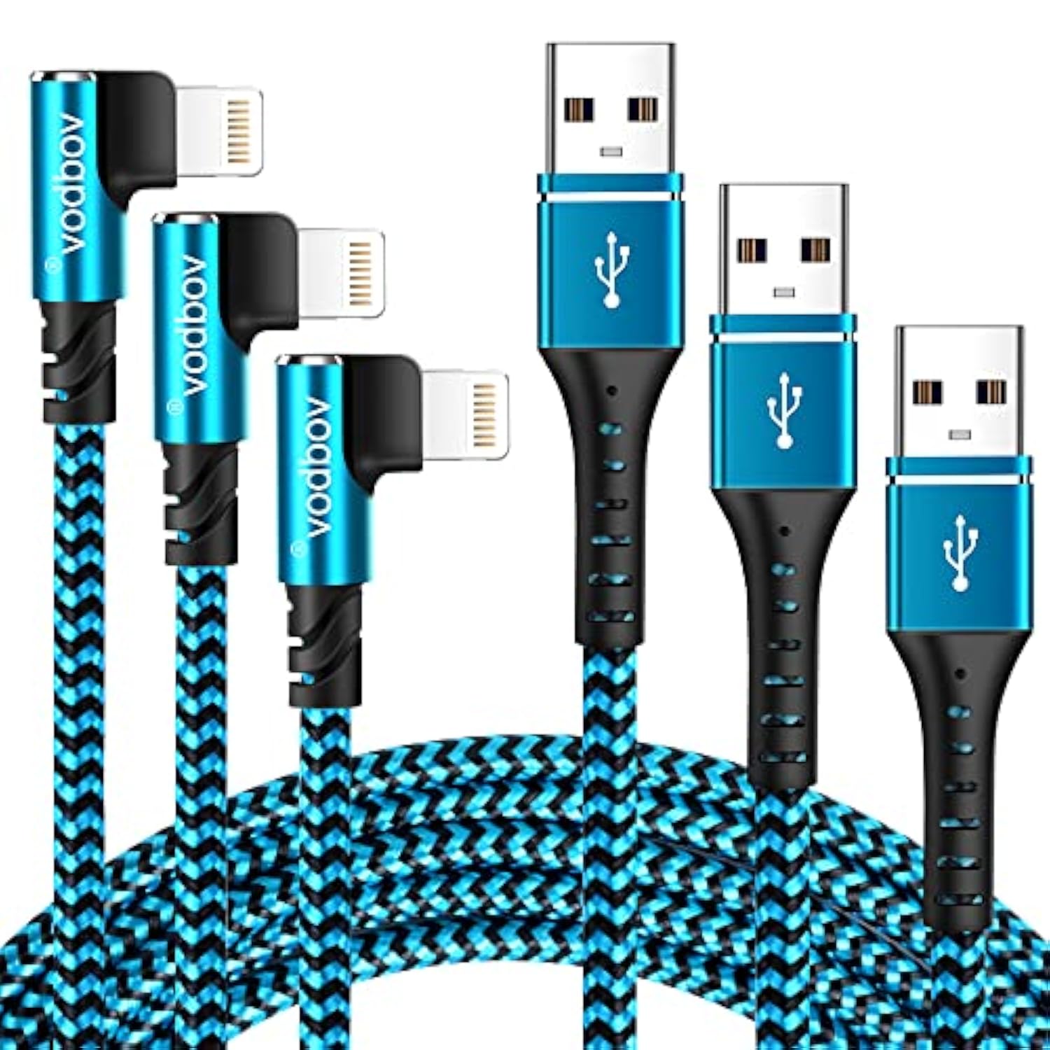 3-Pack Lightning Cable, [6Ft+3Ft+1Ft] Usb A To Lightning Cable Fast Charging & Data Transfer, Durable Blue Braided Apple Certified Iphone Charger Cable, Right Angle Lightning Cable For Iphone