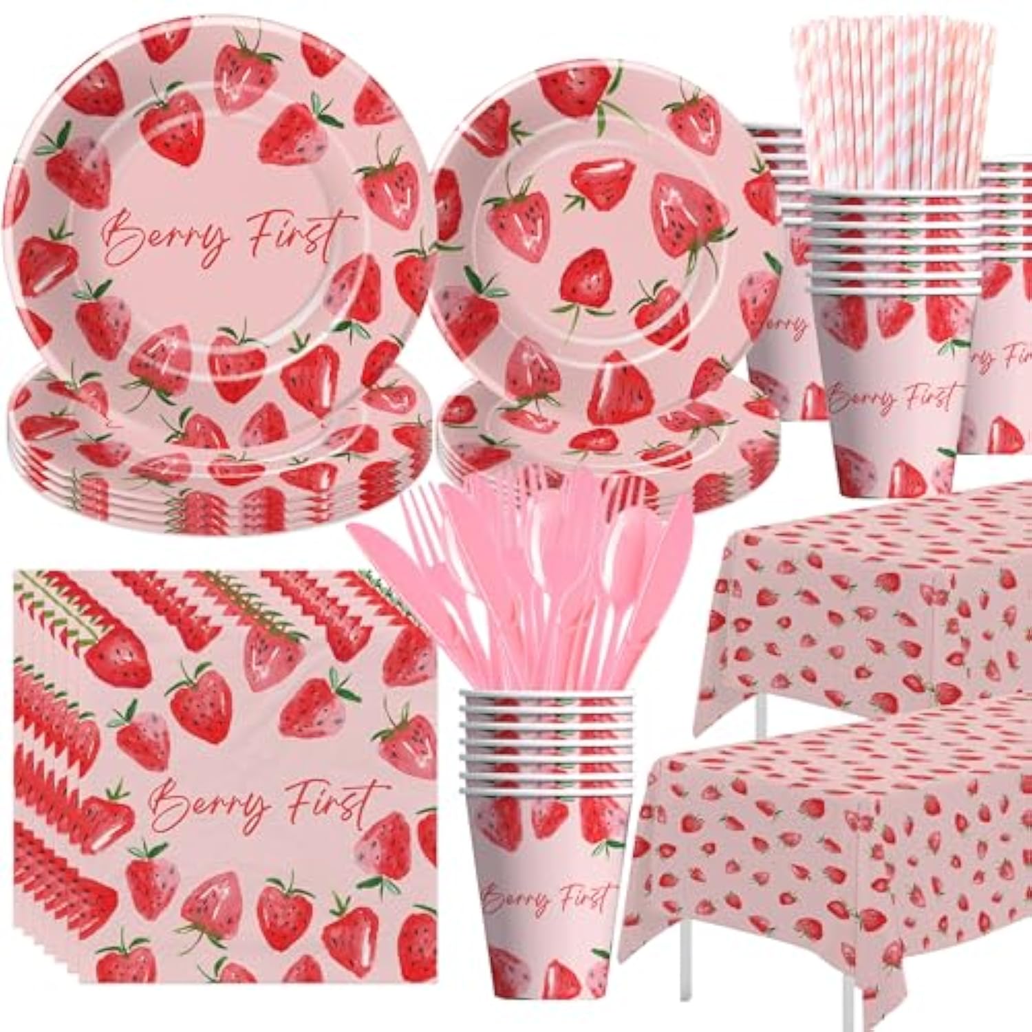 Strawberry 1St Birthday Decorations Tableware - Strawberry First Sweet One Birthday Party Supplies, Paper Plate, Cup, Napkin, Tablecloth, Disposable Cutlery | Serves 24