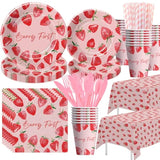 Strawberry 1St Birthday Decorations Tableware - Strawberry First Sweet One Birthday Party Supplies, Paper Plate, Cup, Napkin, Tablecloth, Disposable Cutlery | Serves 24